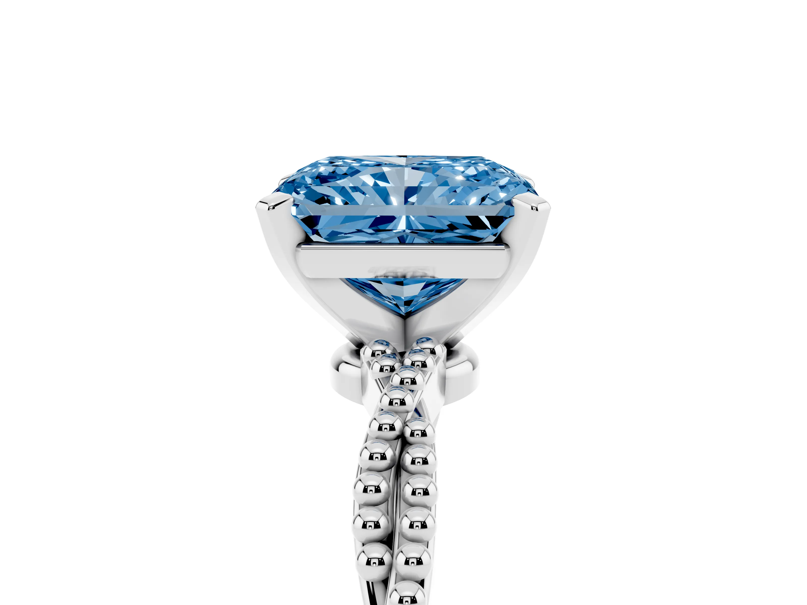 Fancy Blue Radiant Cut Diamond Solitaire Ring Set in Silver with Twisted Band and Bead Prong Setting