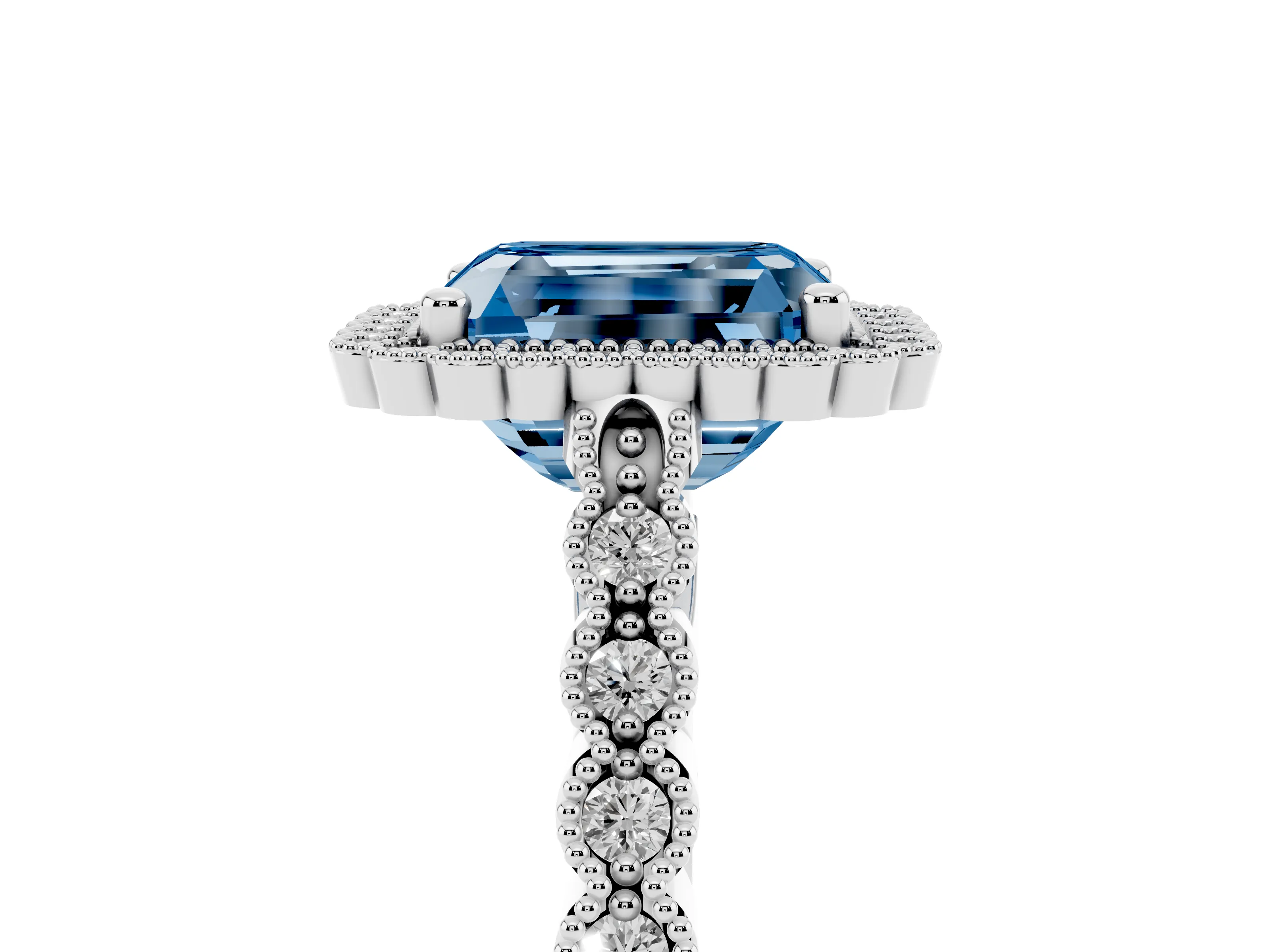 Fancy Blue Radiant Cut Diamond Halo Ring Set in Silver with Pavé Milgrain Band