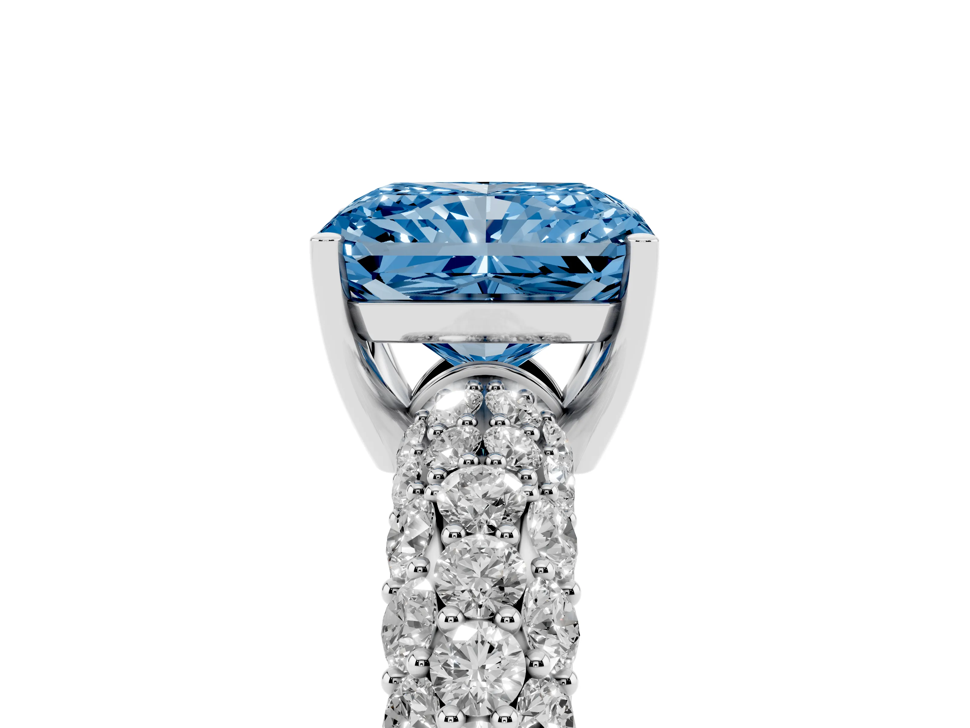 Fancy Blue Radiant Cut Diamond Pavé Band Solitaire Ring Set in Platinum with Close-Set Accent Stones and Prong Setting