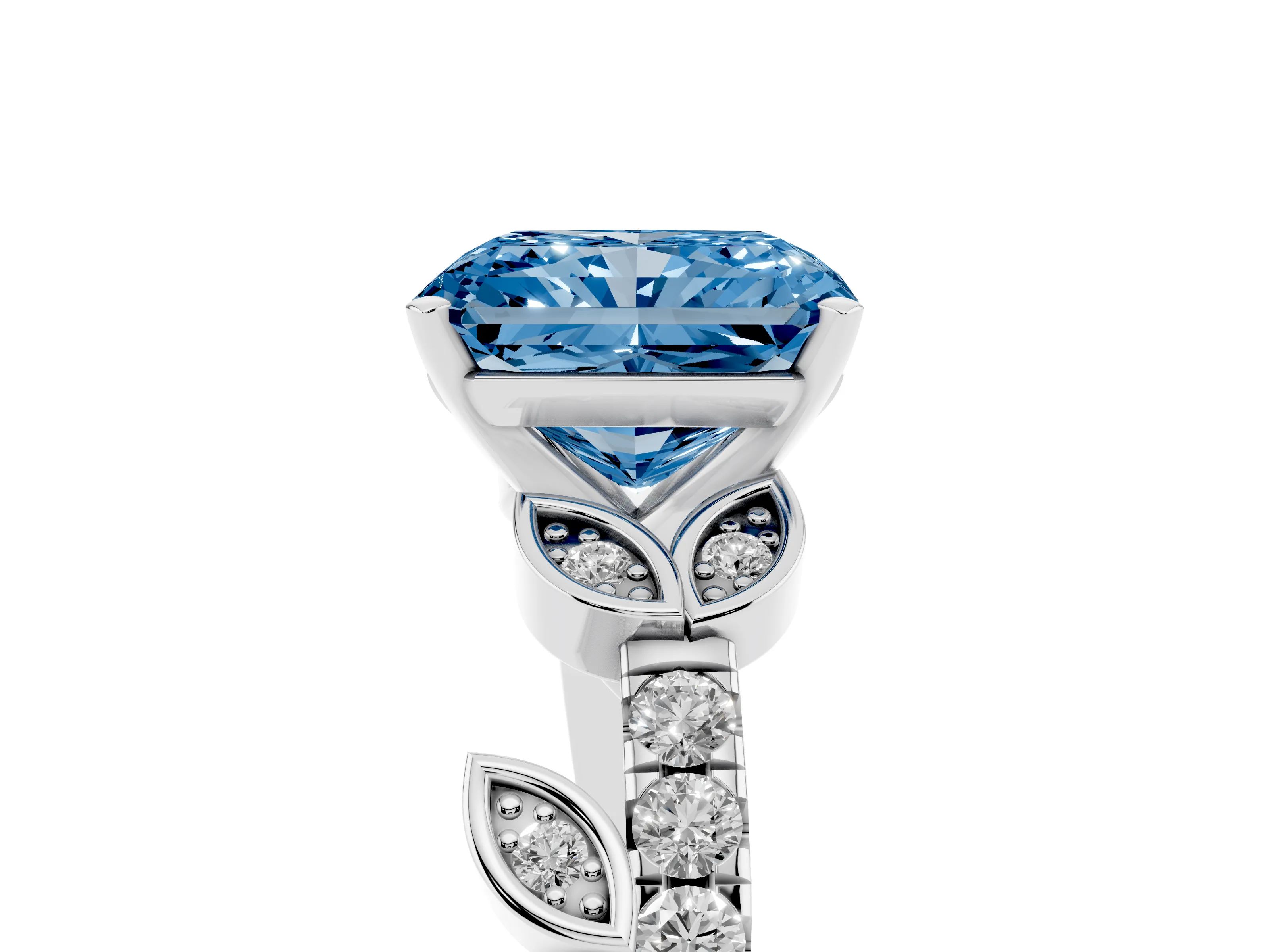 Fancy Blue Radiant Cut Diamond Solitaire Leaf-Inspired Ring Set in Silver with Pavé Band and Prong Setting