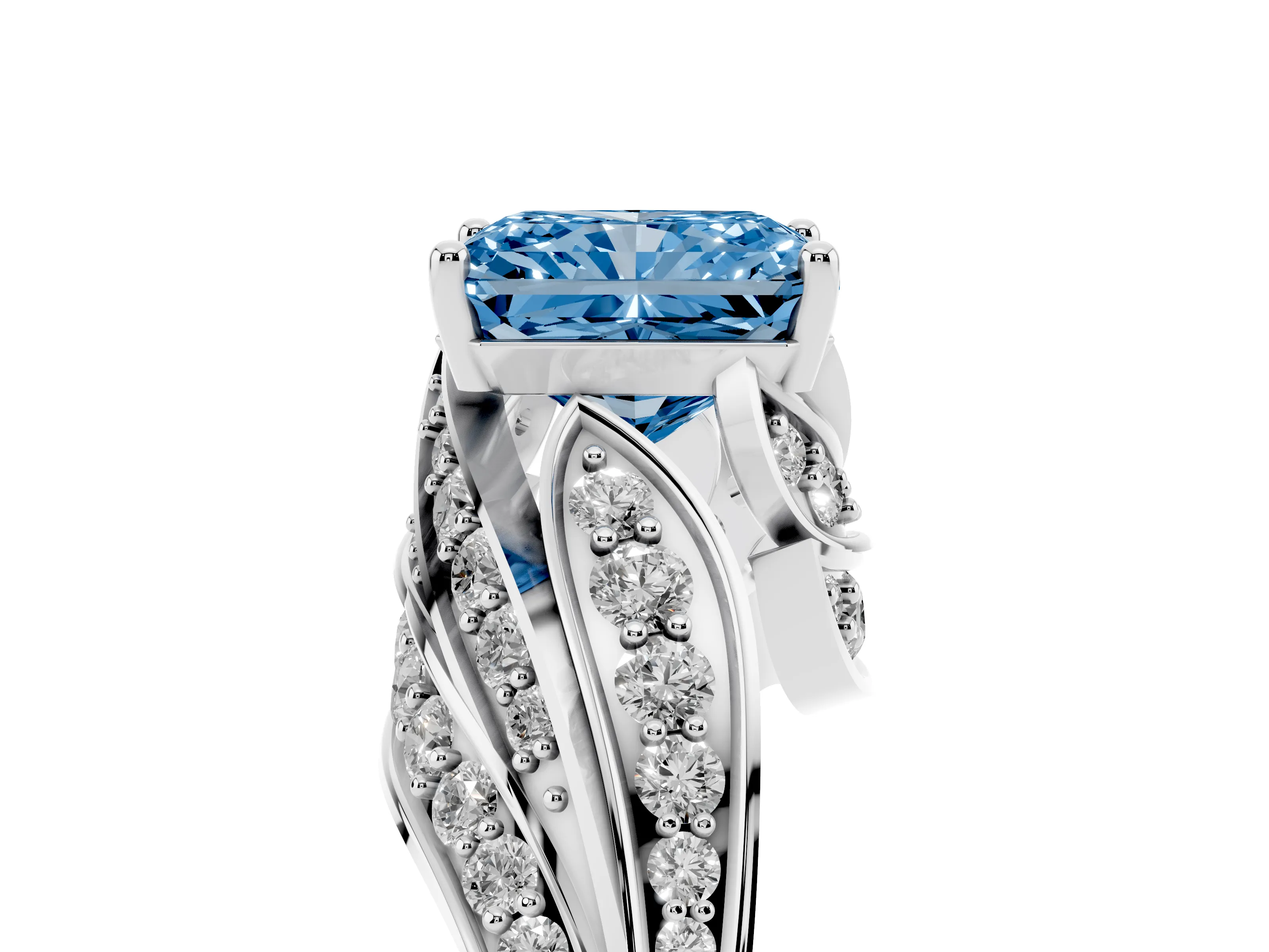 Fancy Blue Radiant Cut Diamond Solitaire Ring Set in White gold with Layered Twist Pavé Band