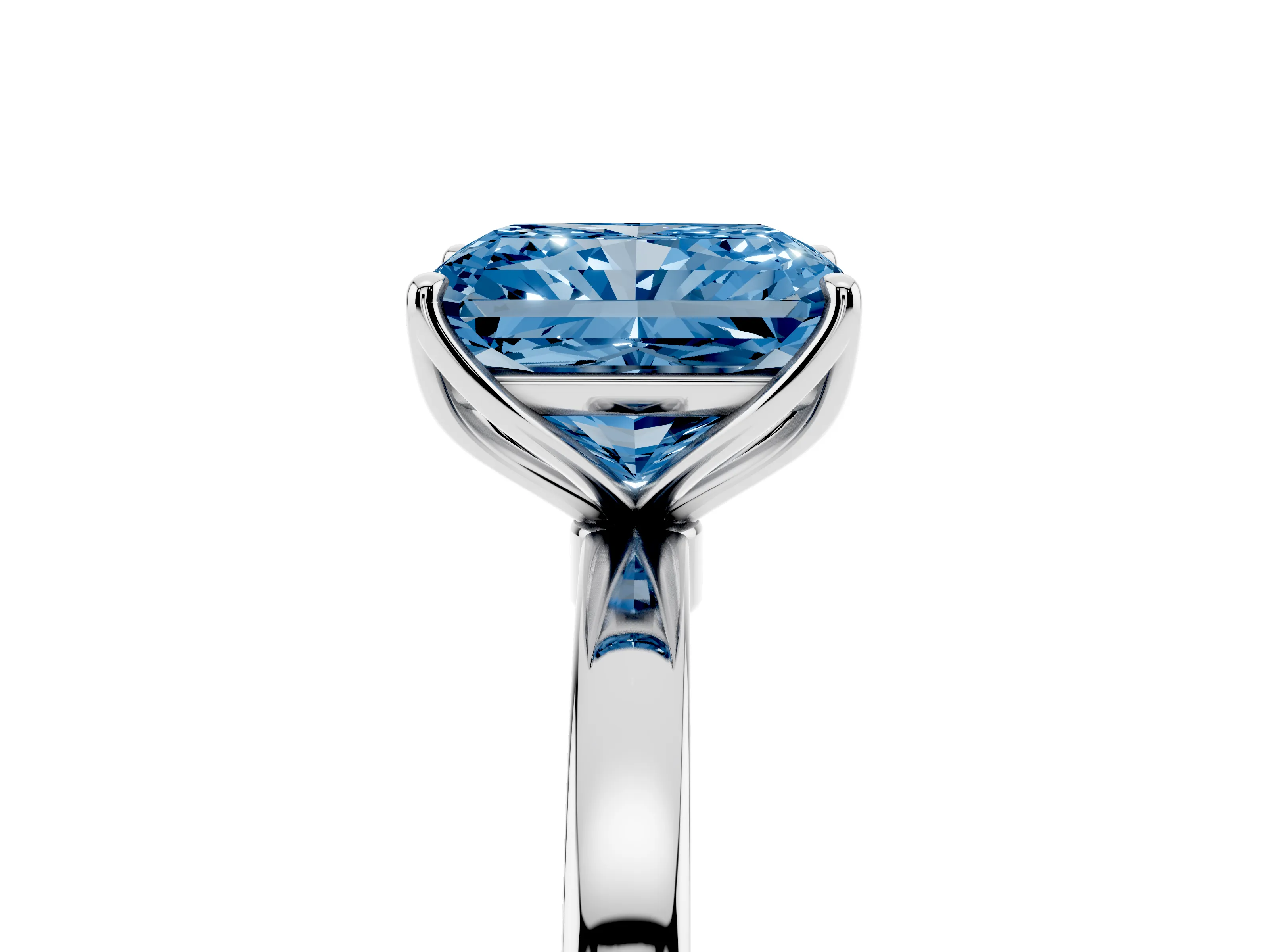 Fancy Blue Radiant Cut Diamond Solitaire Ring Set in White gold with Prong Setting and Thin Polished Band