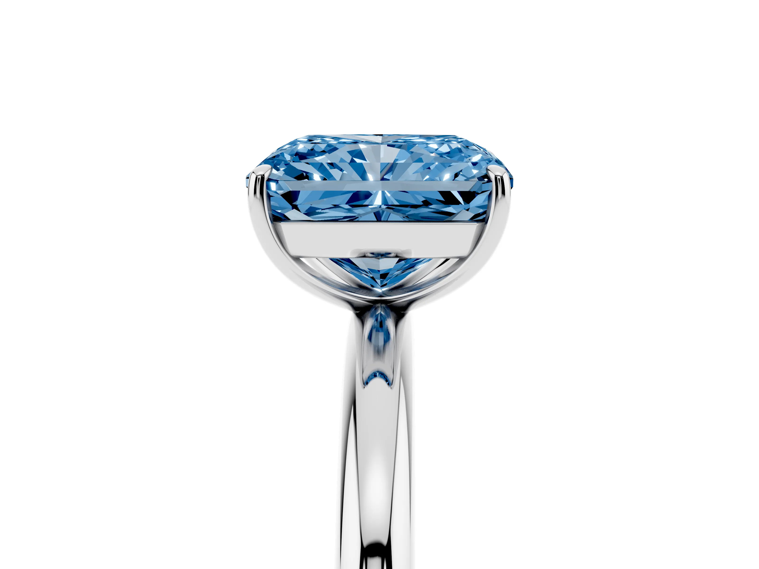 Fancy Blue Radiant Cut Diamond Solitaire Ring Set in White gold with Prong Setting on a Polished Plain Band