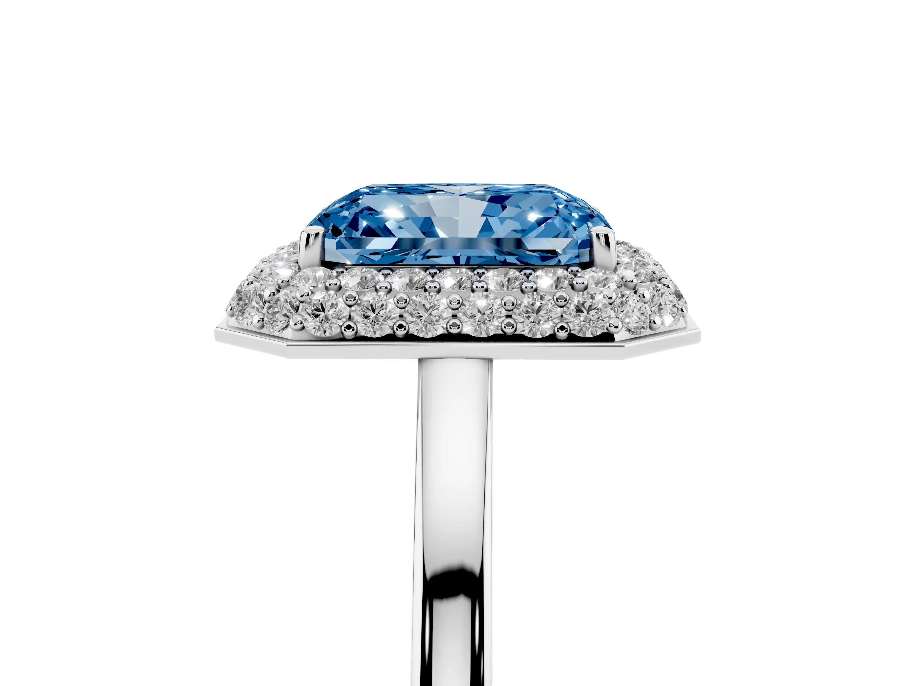 Fancy Blue Radiant Cut Diamond Halo Engagement Ring Set in Platinum with Solitaire Band and Prong Setting