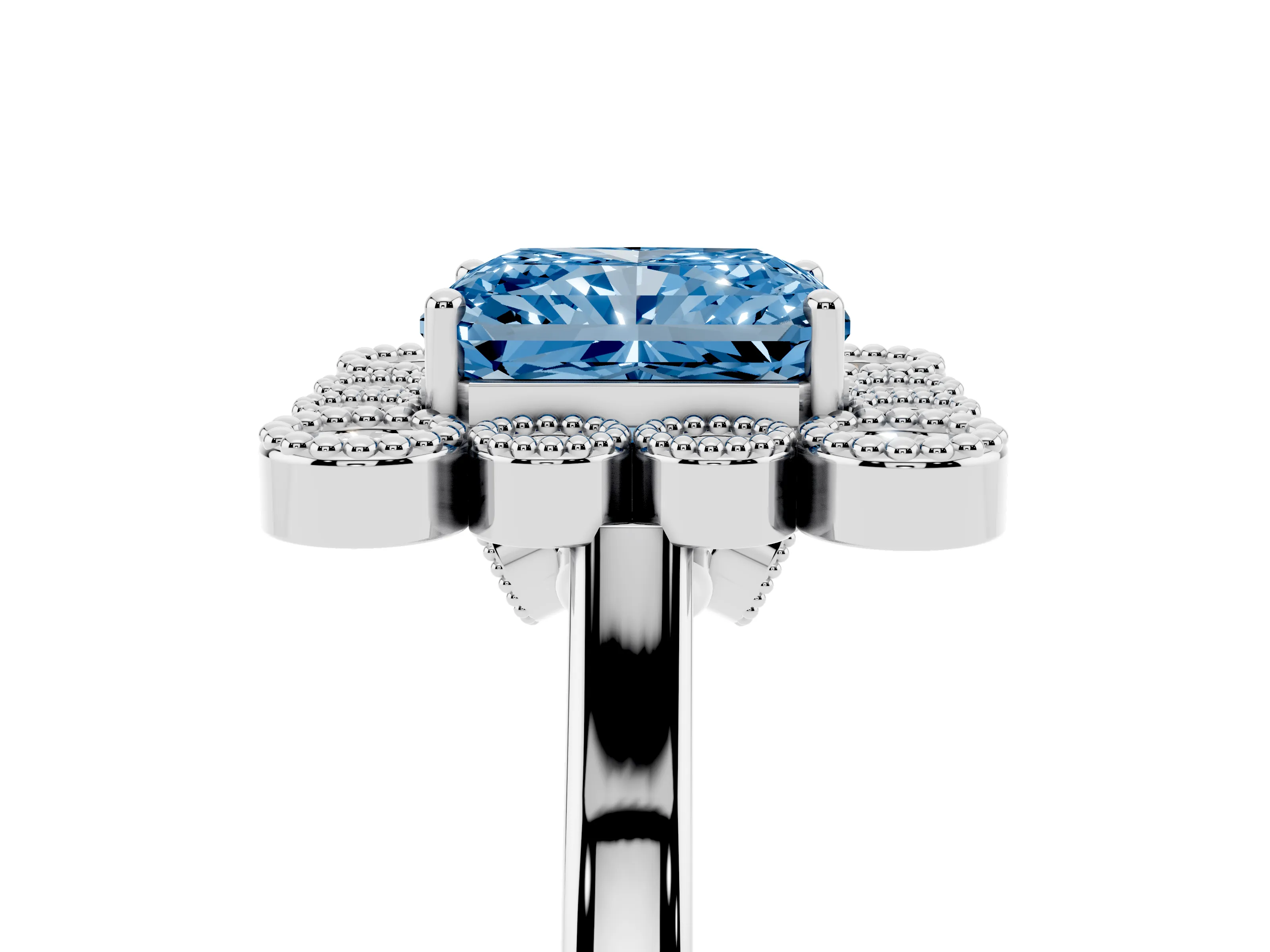 Fancy Blue Radiant Cut Diamond Cluster Halo Ring Set in White gold with Milgrain Bezel Accents and Plain Band