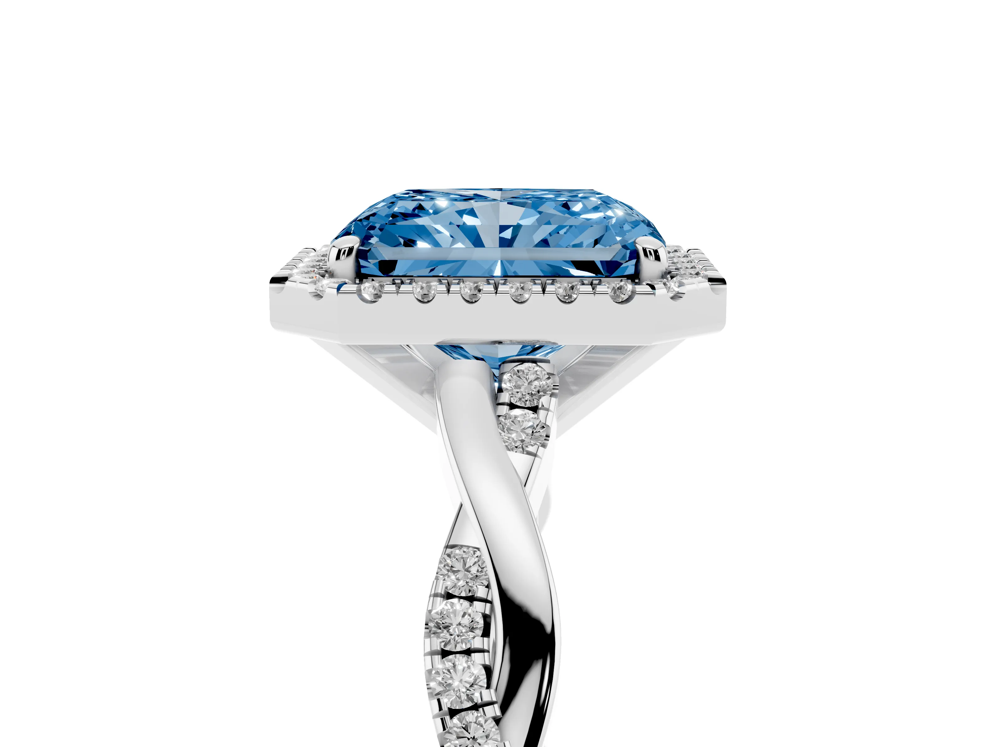 Fancy Blue Radiant Cut Diamond Halo Twisted Band Ring Set in Platinum with Prong Setting