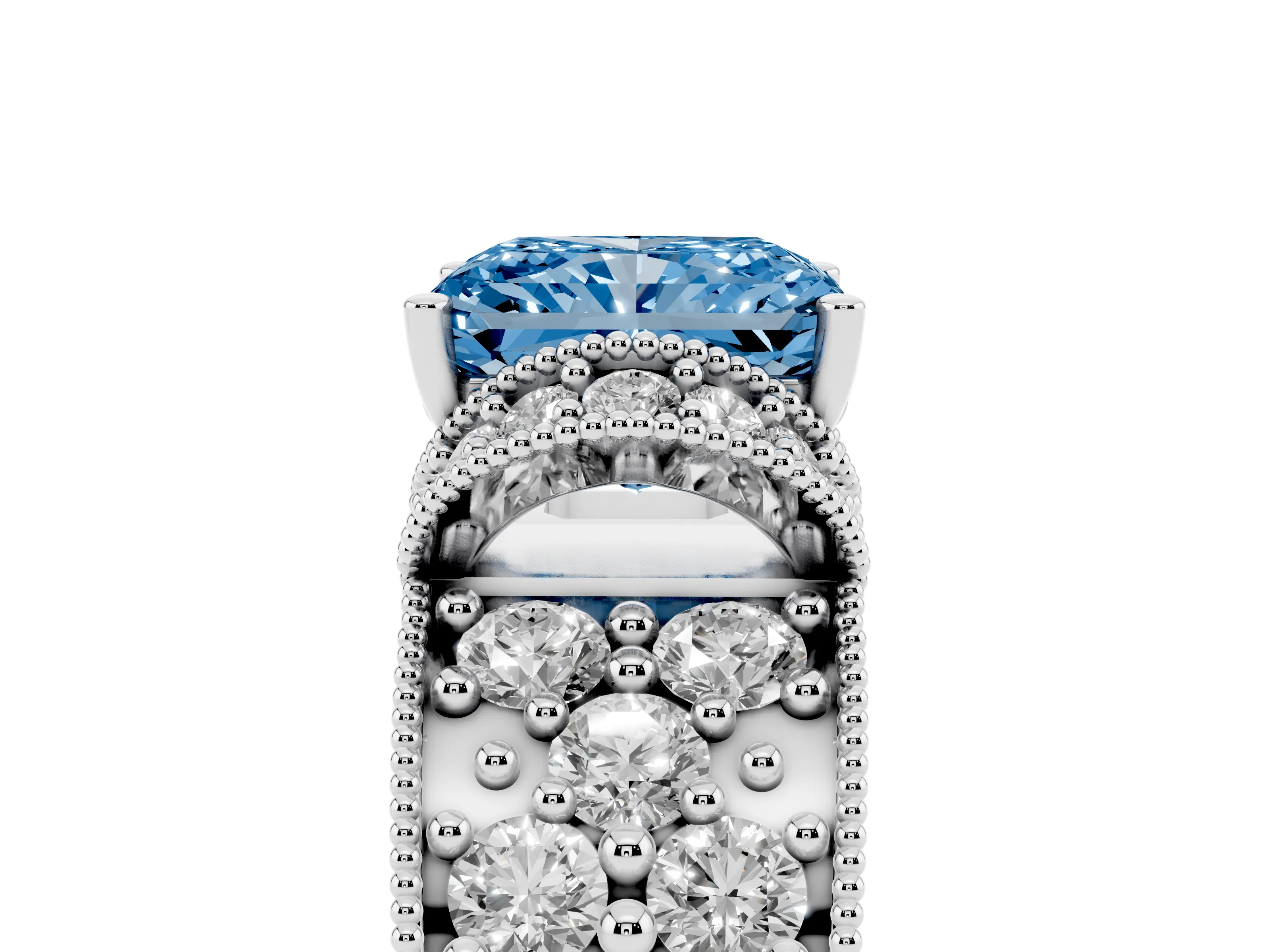 Fancy Blue Radiant Cut Diamond Milgrain Halo Pavé Engagement Ring Set in Platinum with Prong Setting