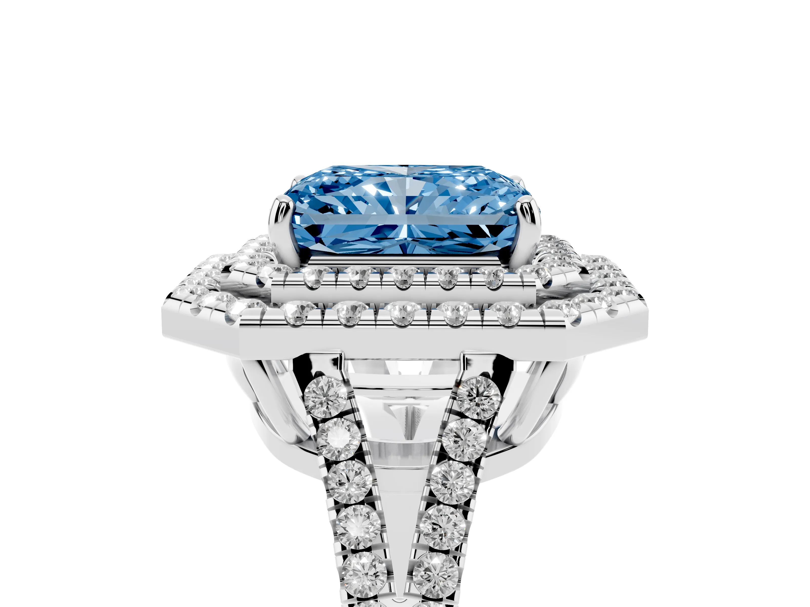 Fancy Blue Radiant Cut Diamond Double Halo Ring Set in Silver with Pavé Band