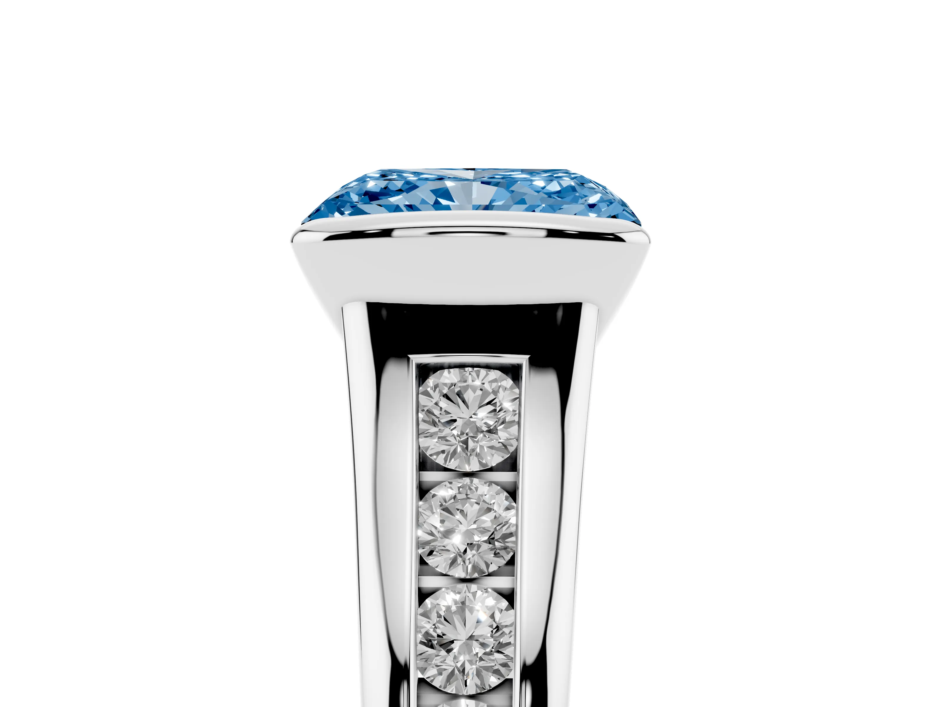Fancy Blue Radiant Cut Diamond Bezel-Set Solitaire Ring Set in White gold with Channel-Set Band