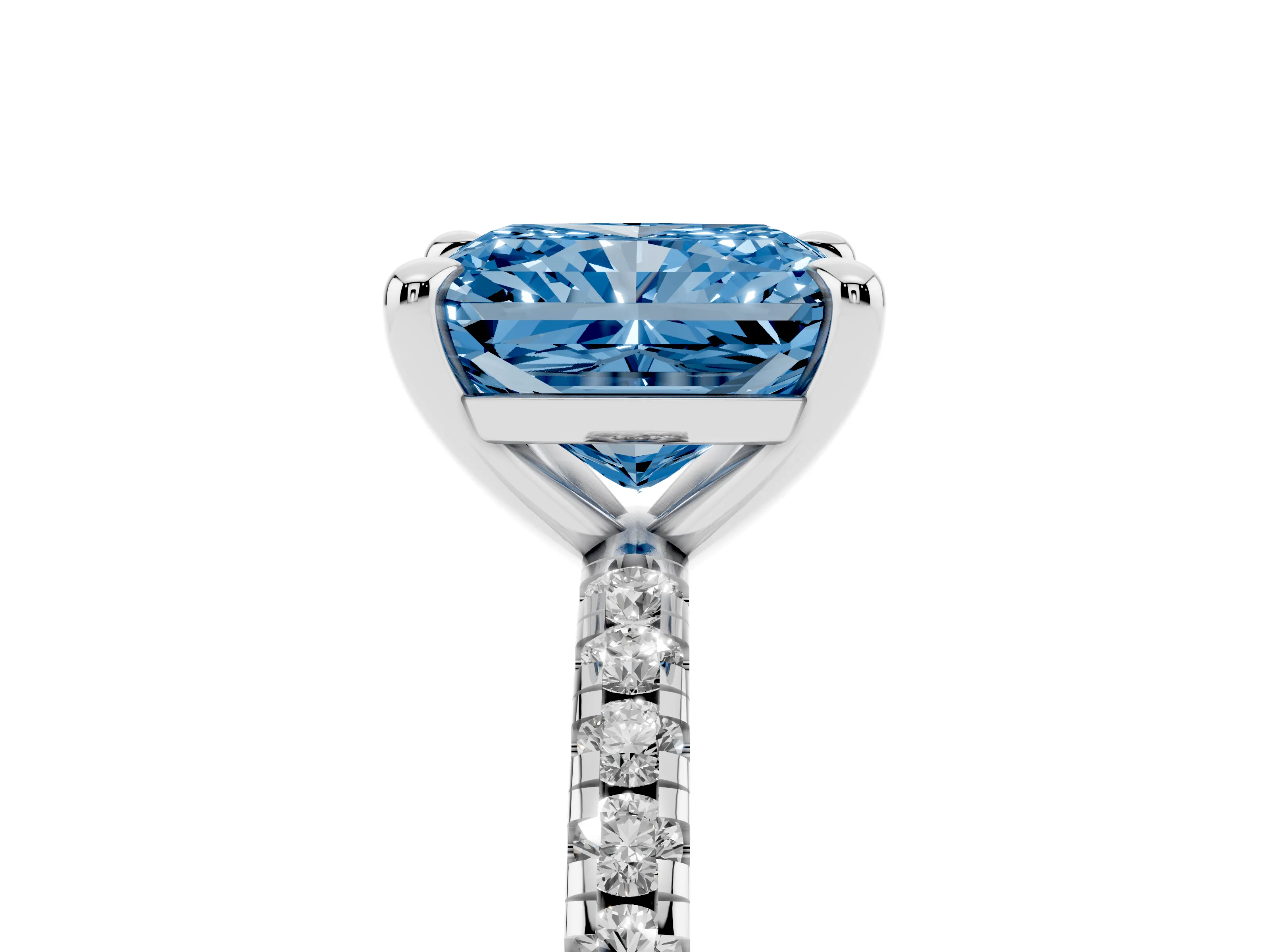 Fancy Blue Radiant Cut Diamond Brilliant Solitaire Ring Set in Platinum with Pavé Band and Prong Setting