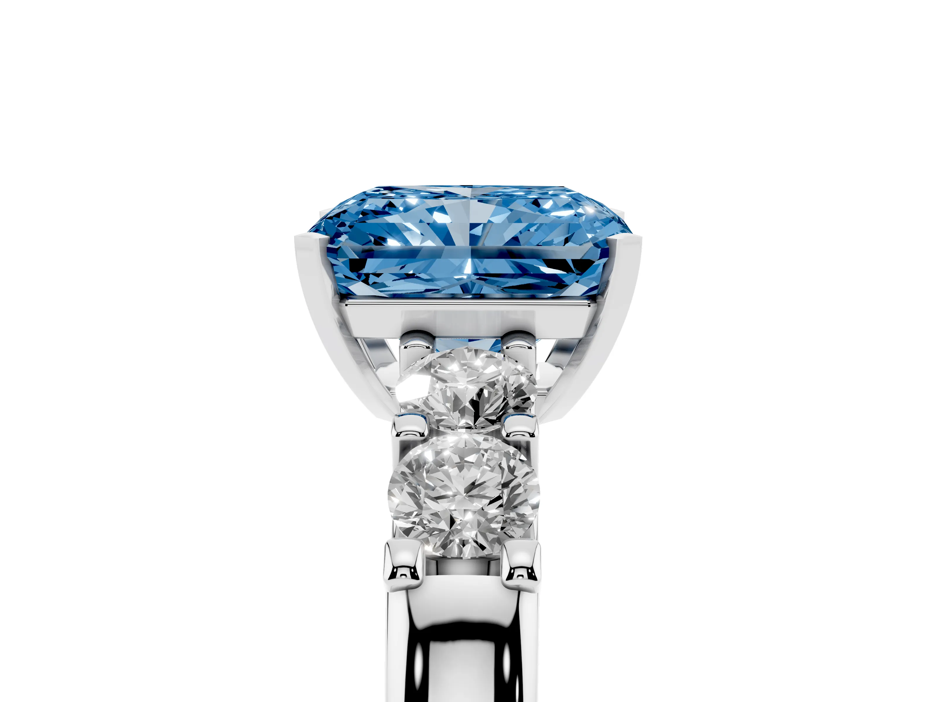 Fancy Blue Radiant Cut Diamond Five-Stone Prong Set Engagement Ring Set in Platinum with Channel Band