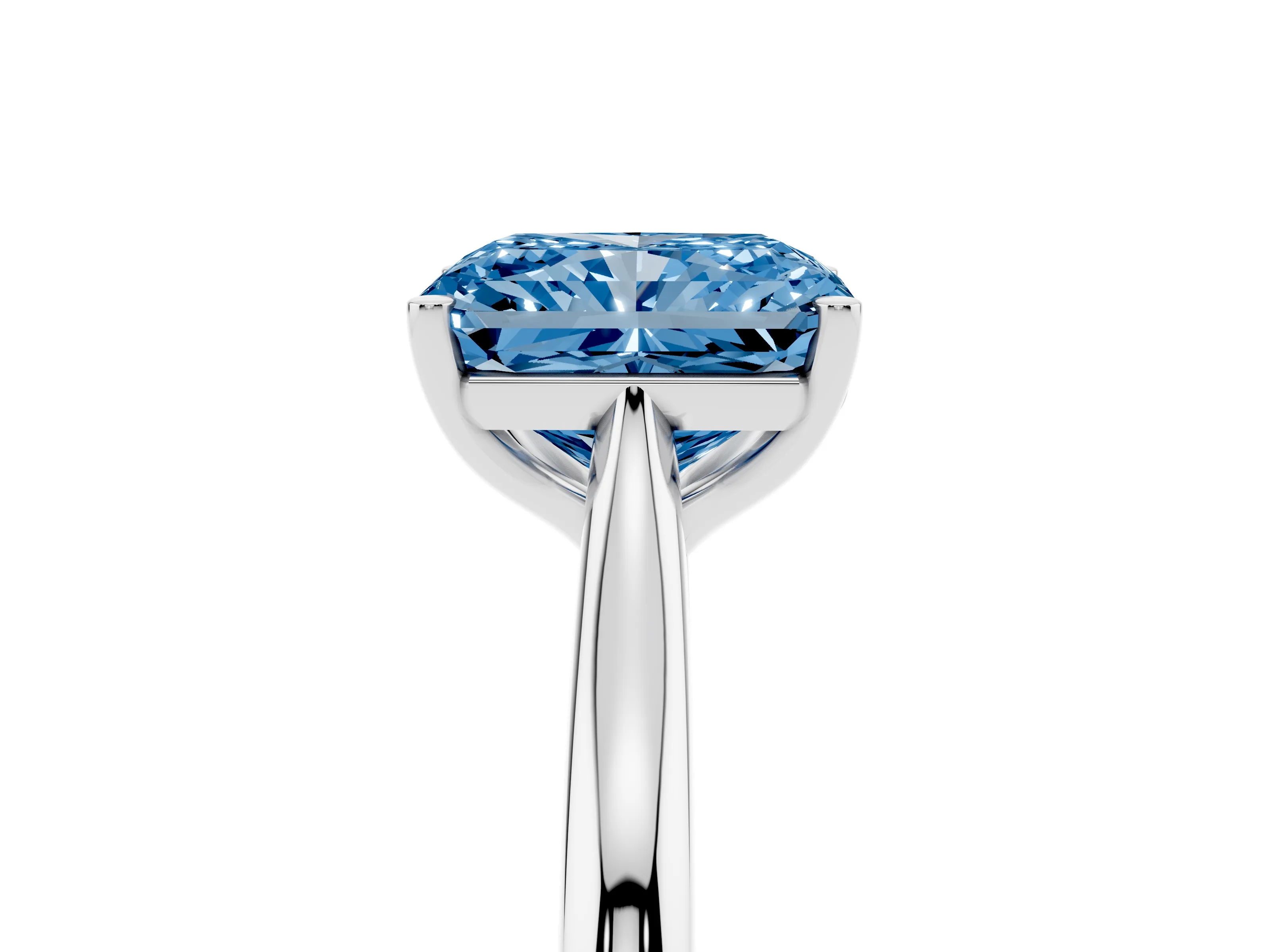 Fancy Blue Radiant Cut Diamond Solitaire Ring Set in Silver with Cathedral Band and Prong Setting