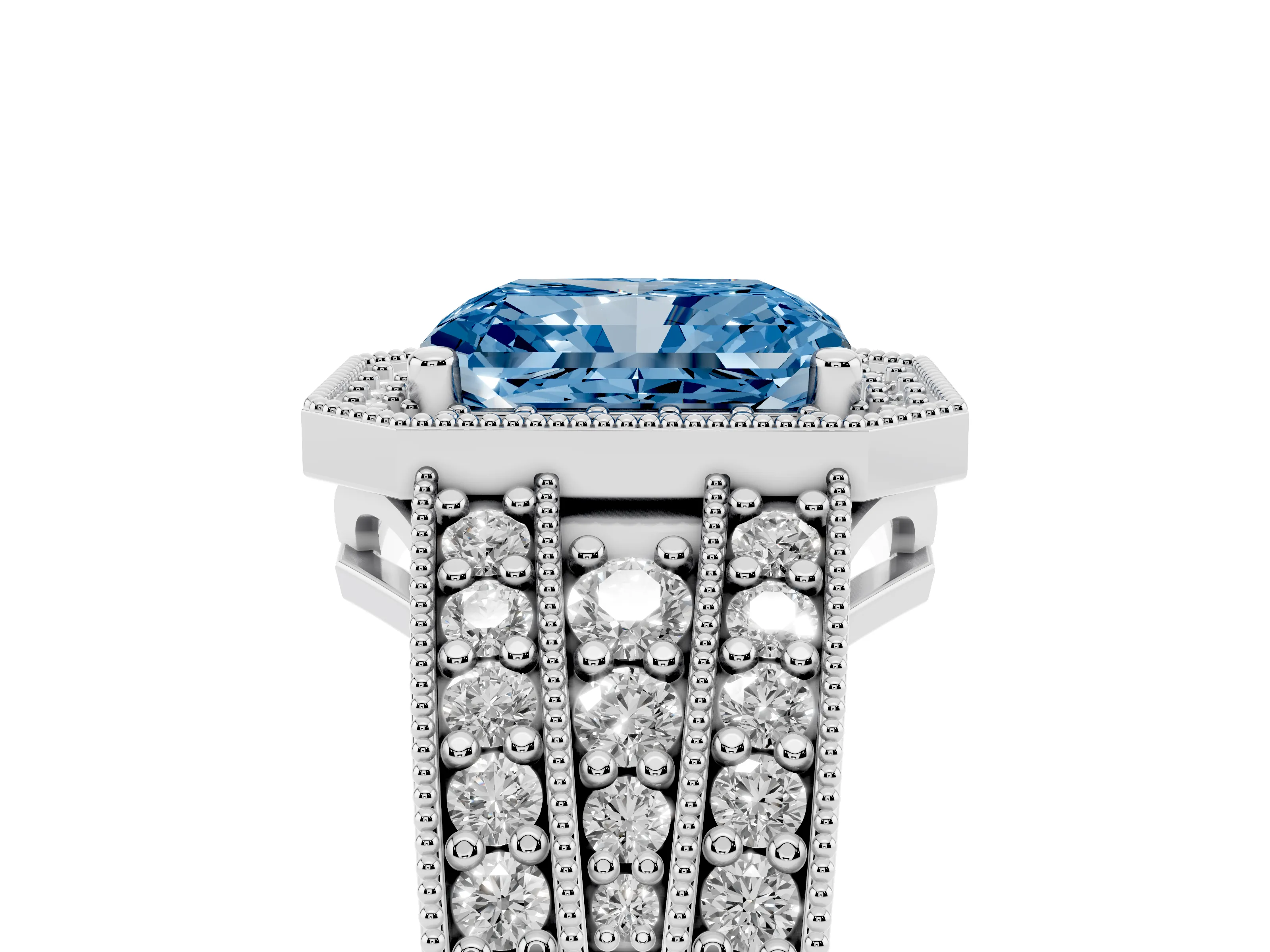 Fancy Blue Radiant Cut Diamond Halo Ring Set in Silver with Accent Split Shank and Prong Setting