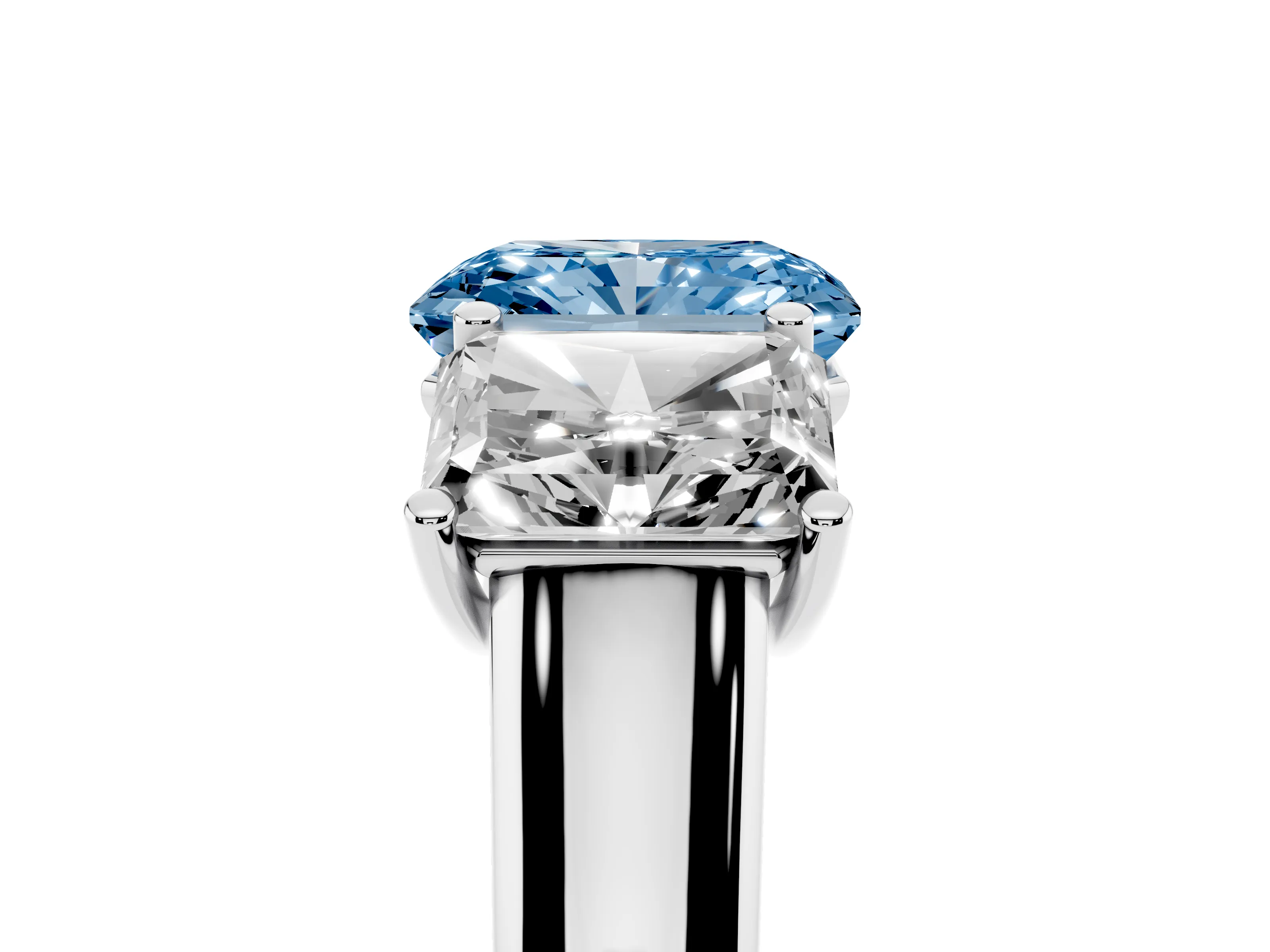 Fancy Blue Radiant Cut Diamond Three-Stone Ring Set in White gold with Plain Polished Band