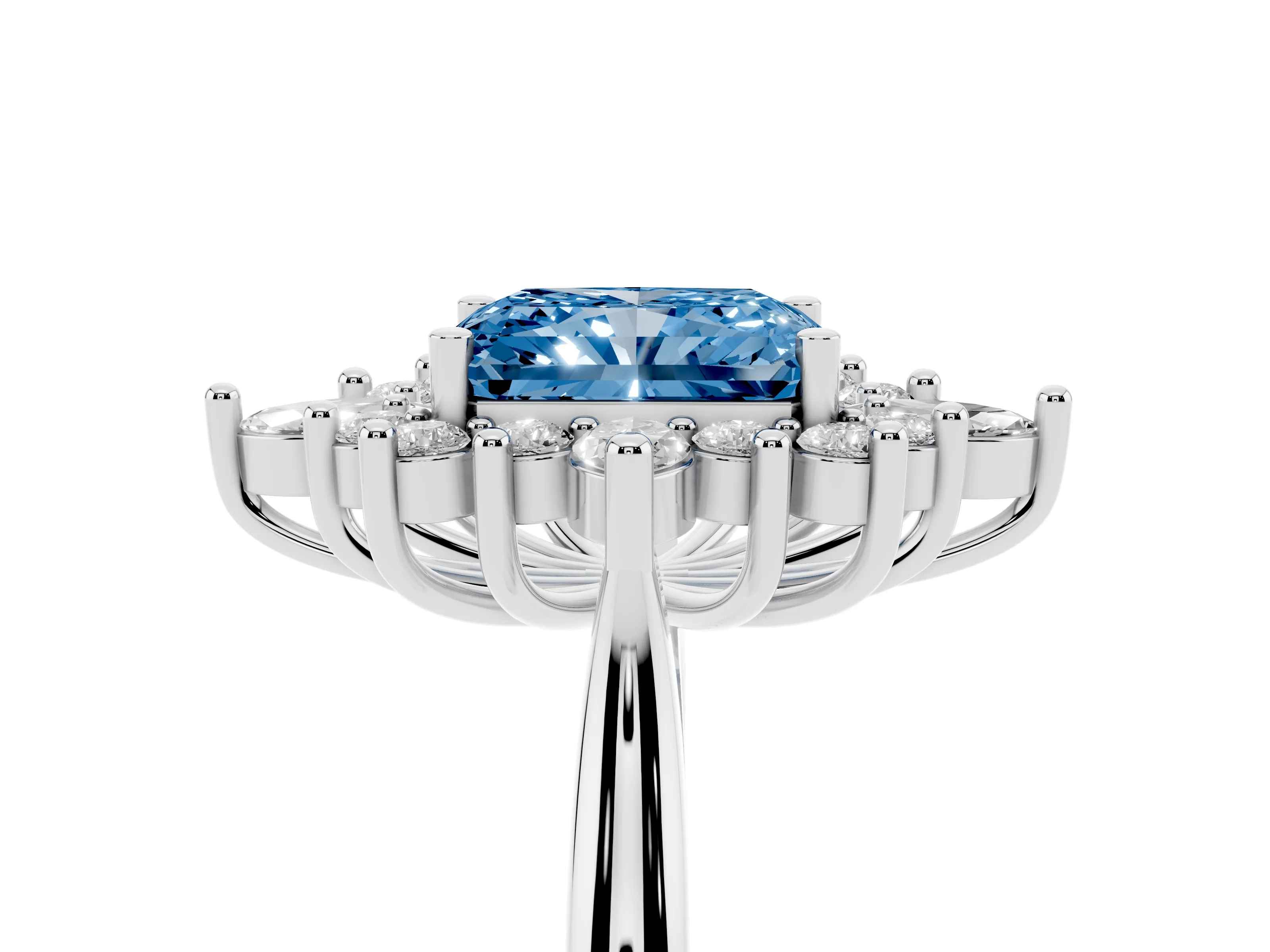 Fancy Blue Radiant Cut Diamond Cluster Halo Ring Set in Platinum with Marquise and Round Accents