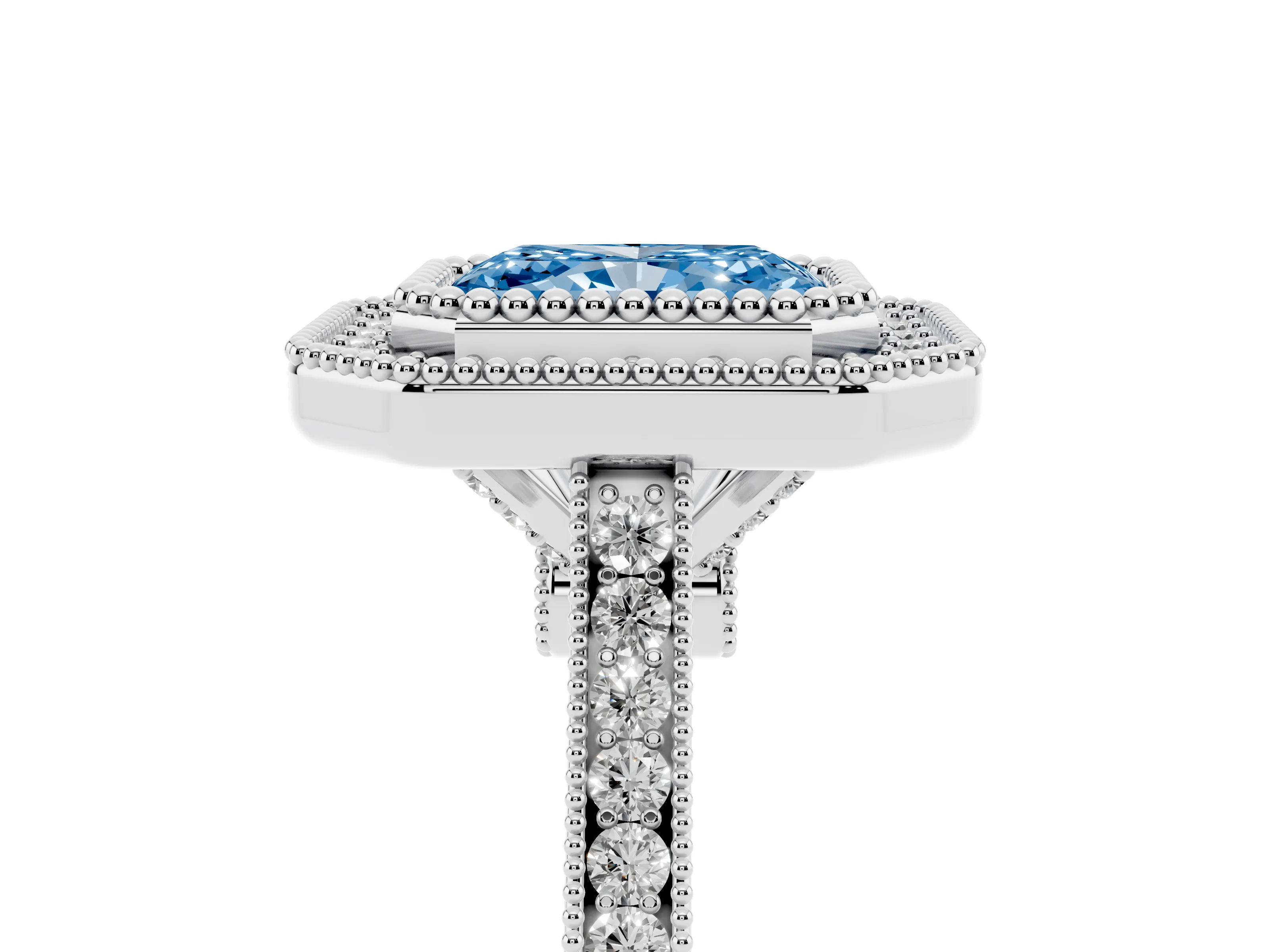 Fancy Blue Radiant Cut Diamond Halo Ring Set in White gold with Milgrain Frame and Pavé Band