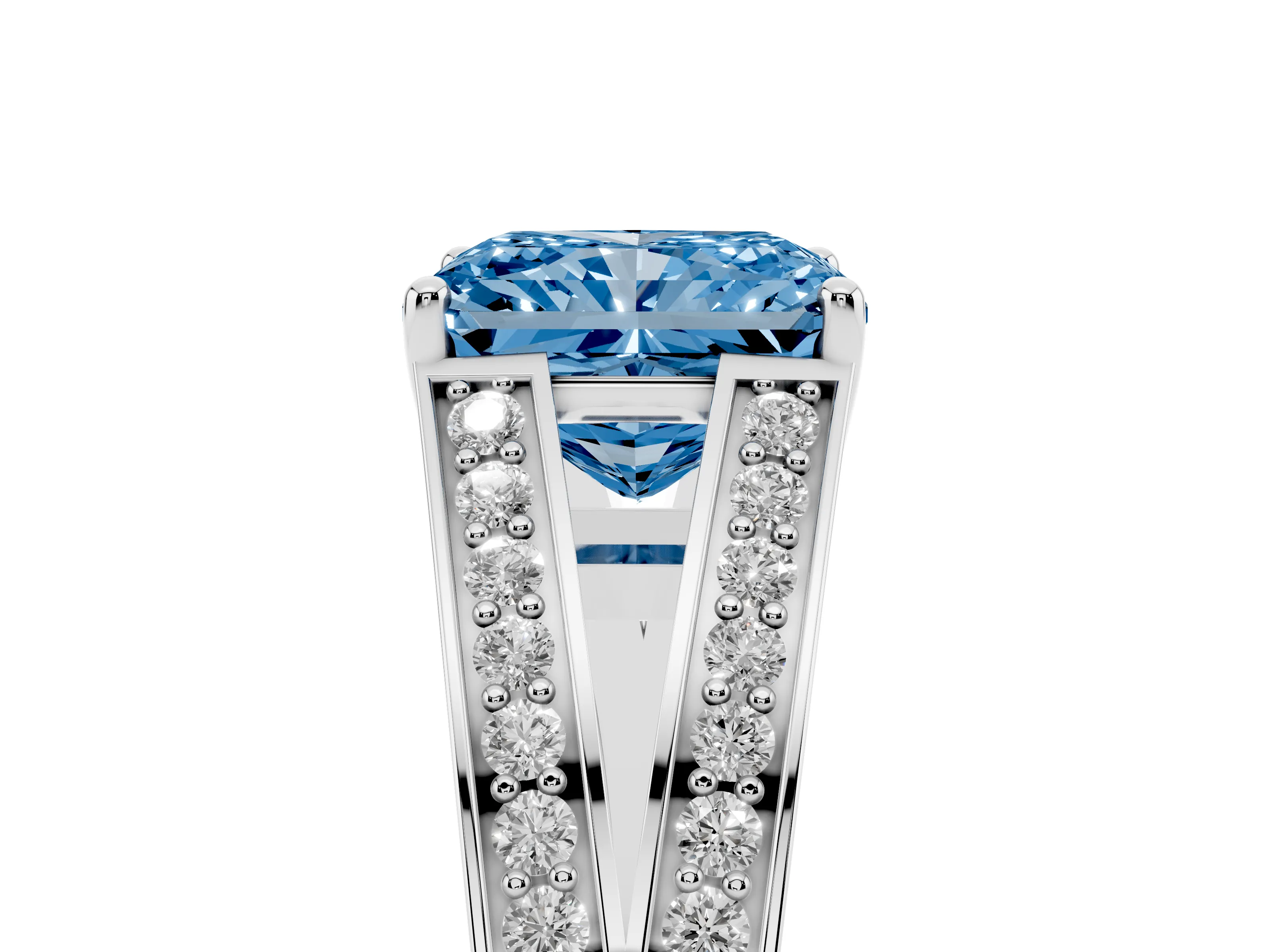 Fancy Blue Radiant Cut Diamond Split Shank Ring Set in Silver with Pavé Band and Prong Setting