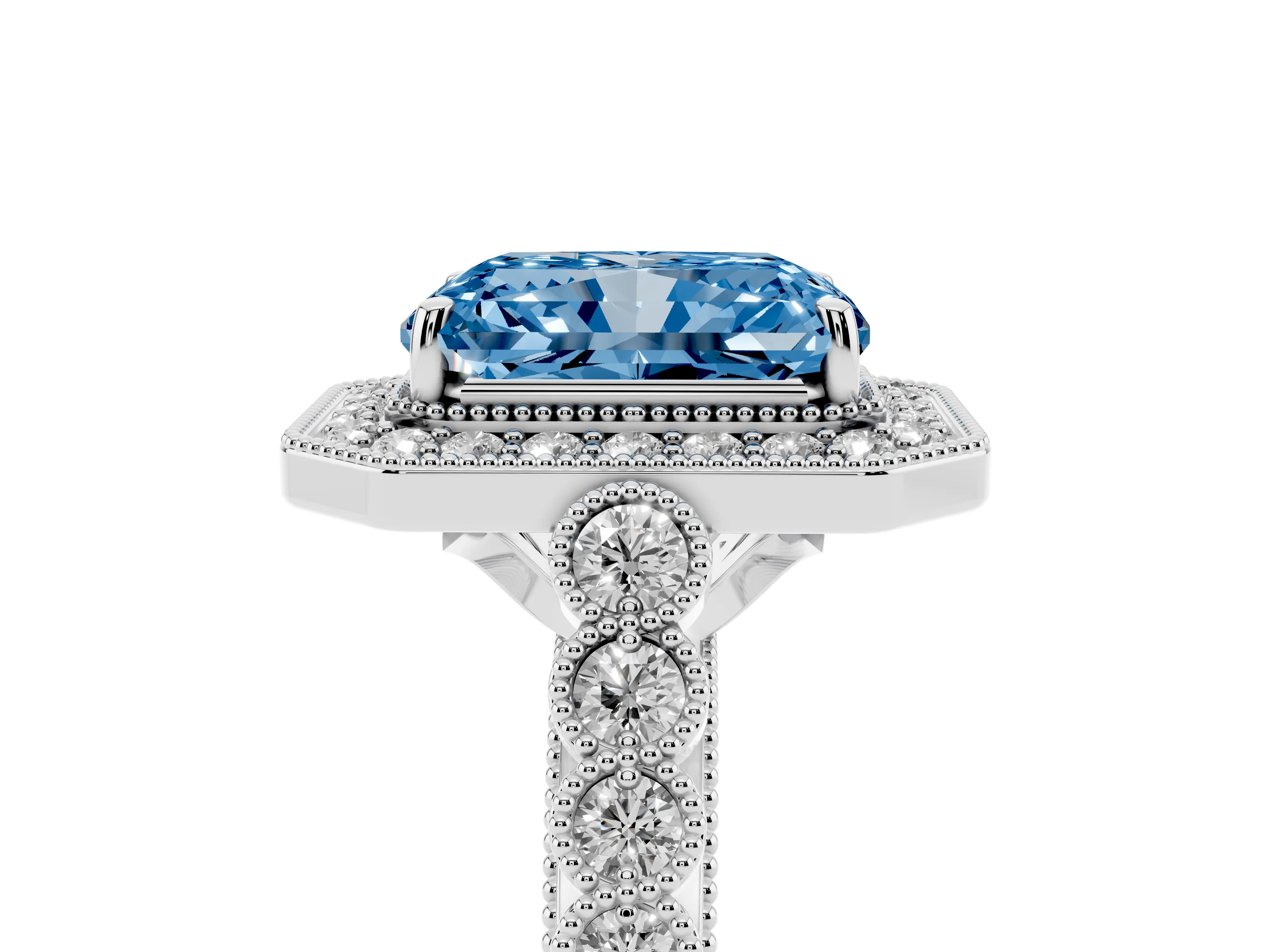 Fancy Blue Radiant Cut Diamond Milgrain Halo Solitaire Ring Set in Platinum with Bezel Set Side Stones and Pavé Band