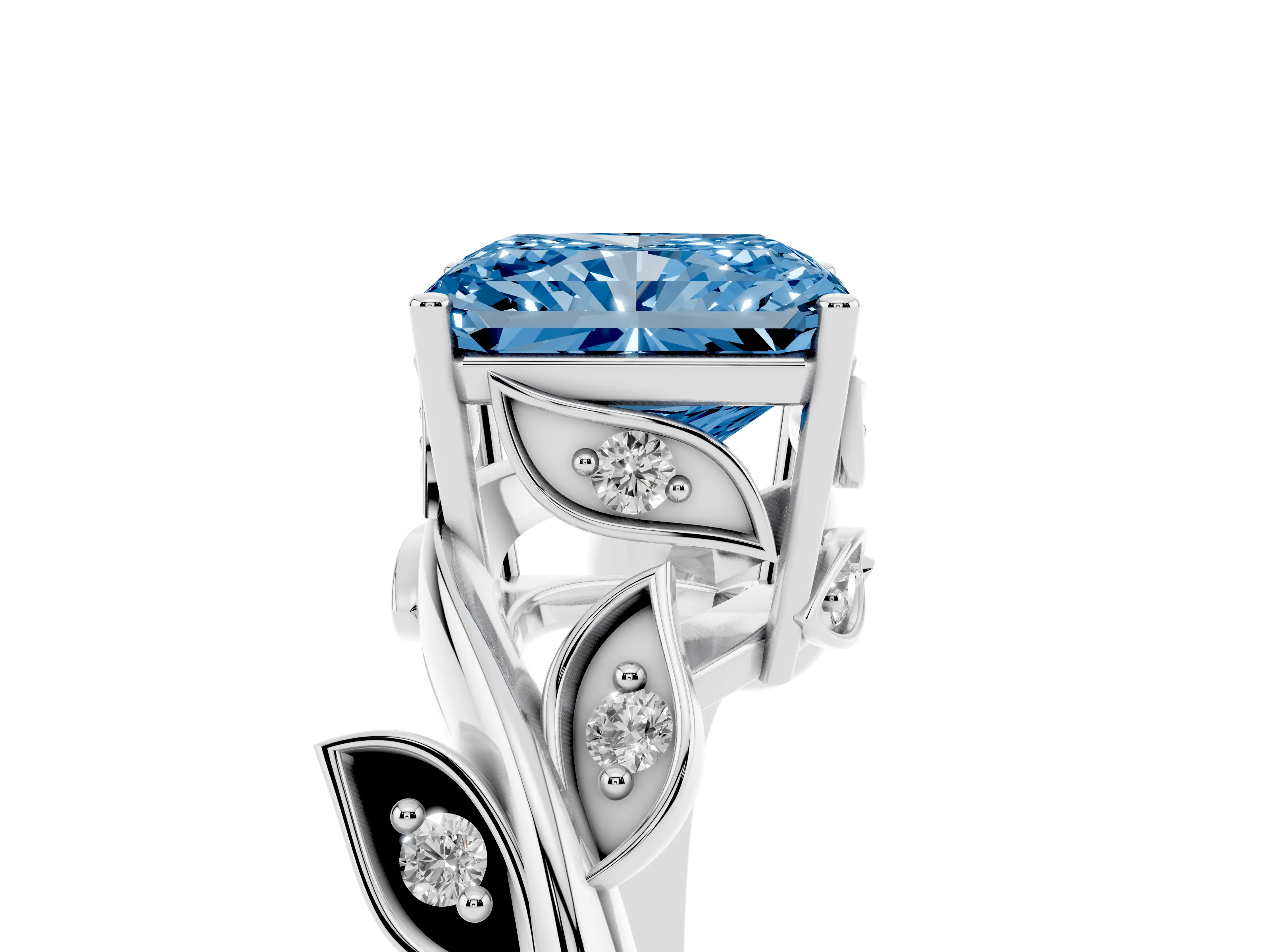 Fancy Blue Radiant Cut Diamond Solitaire Twist Engagement Ring Set in White gold with Pavé Leaf Accents