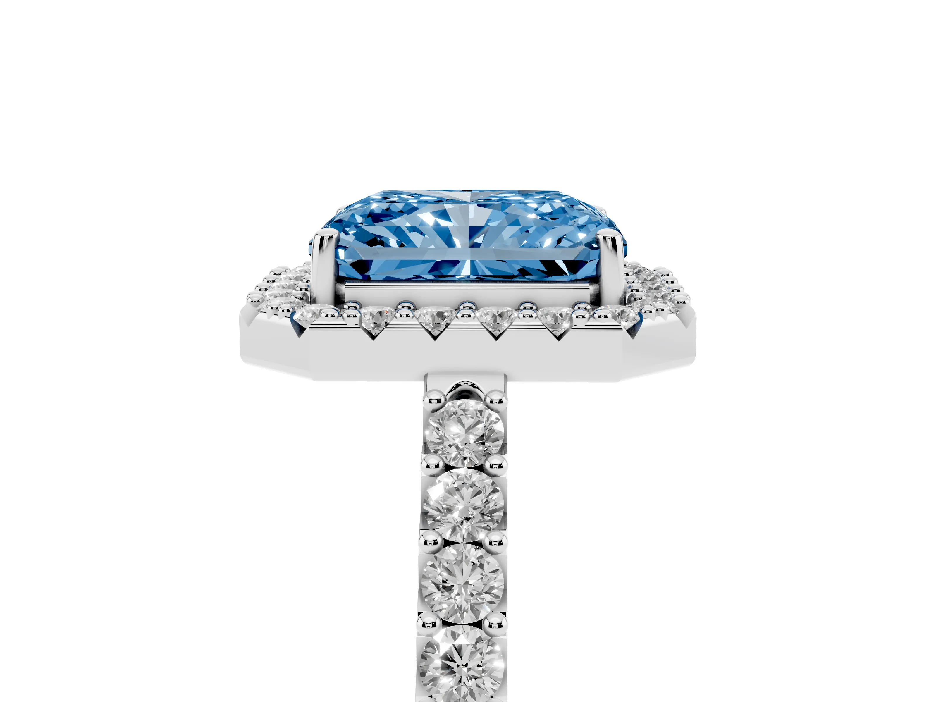 Fancy Blue Radiant Cut Diamond Halo Pavé Solitaire Ring Set in Platinum with Prong-Set Center Stone