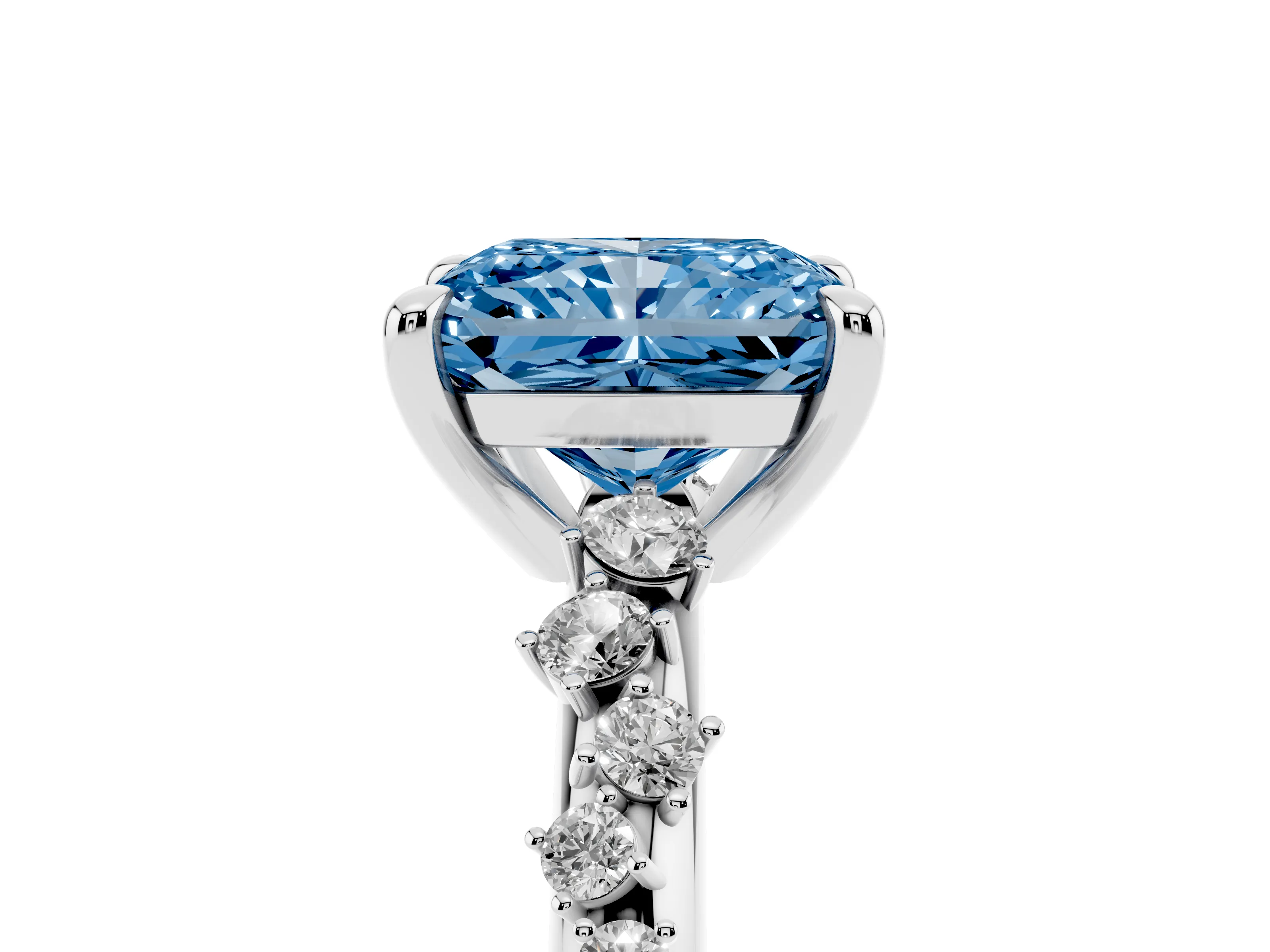 Fancy Blue Radiant Cut Diamond Solitaire Vine Band Ring Set in Silver with Round Accents and Prong Setting