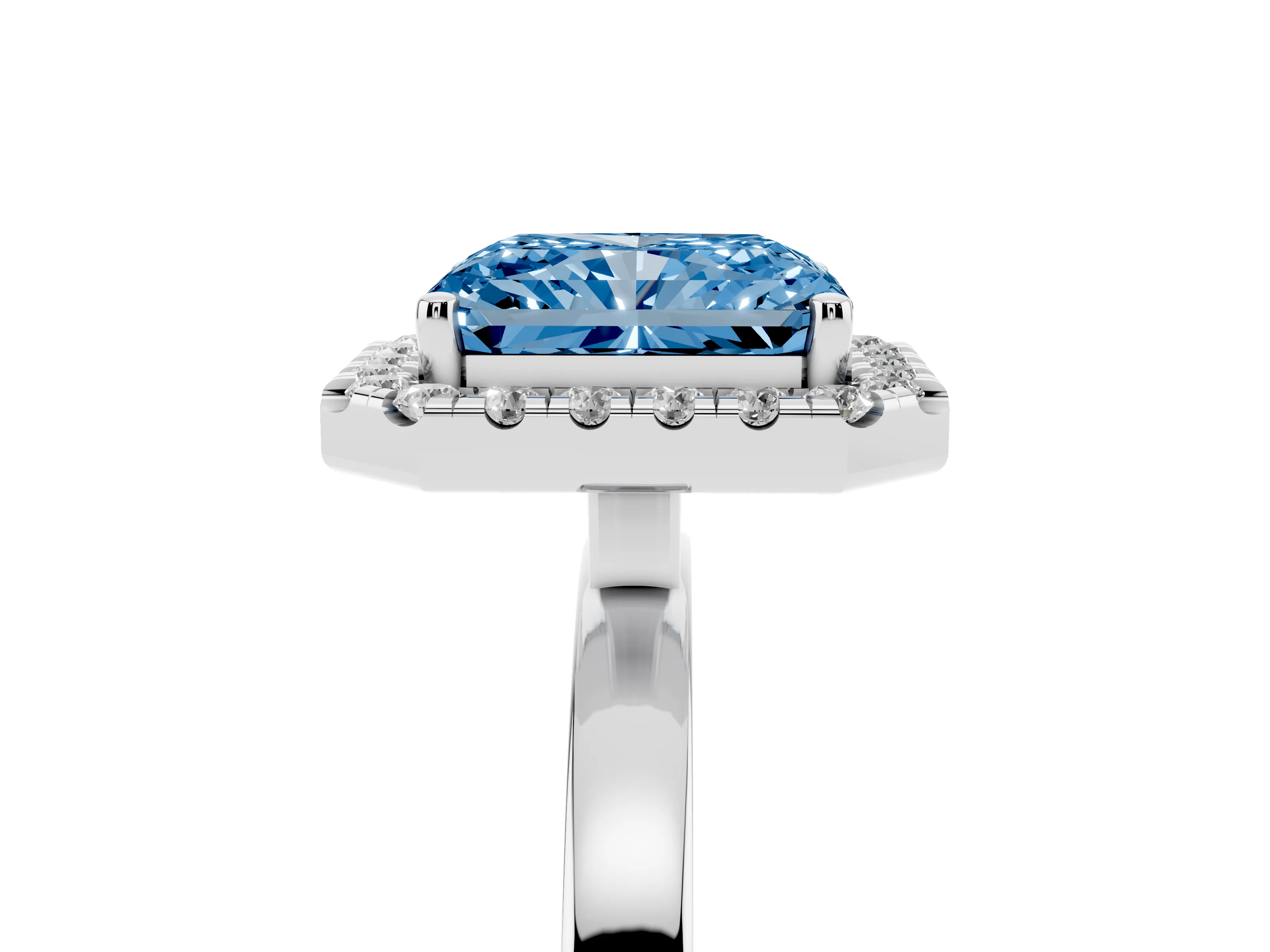 Fancy Blue Radiant Cut Diamond Halo Solitaire Ring Set in Silver with Pavé Band and Prong Setting
