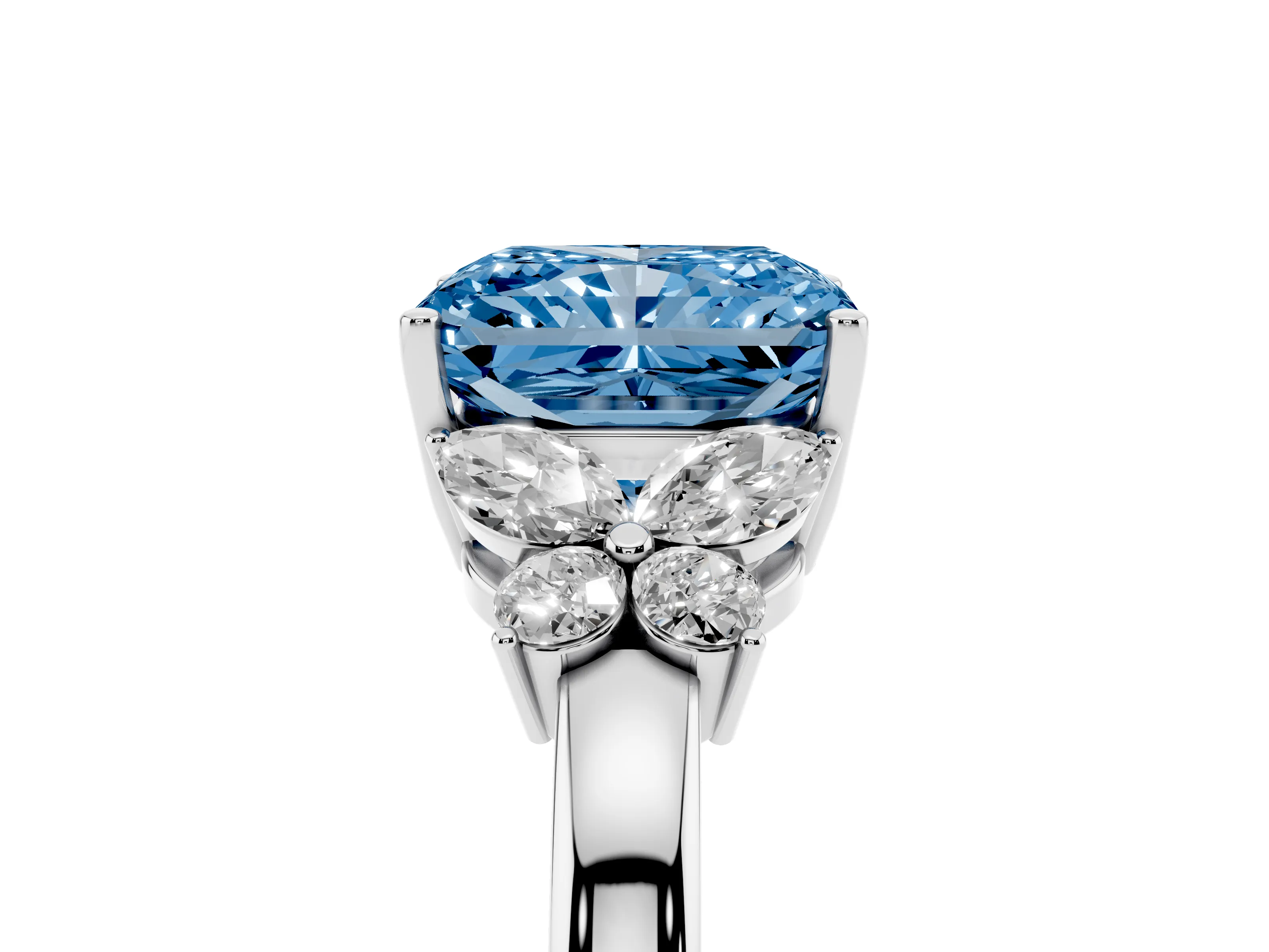 Fancy Blue Radiant Cut Diamond Solitaire Floral Ring Set in White gold with Marquise Petals and Prong Setting