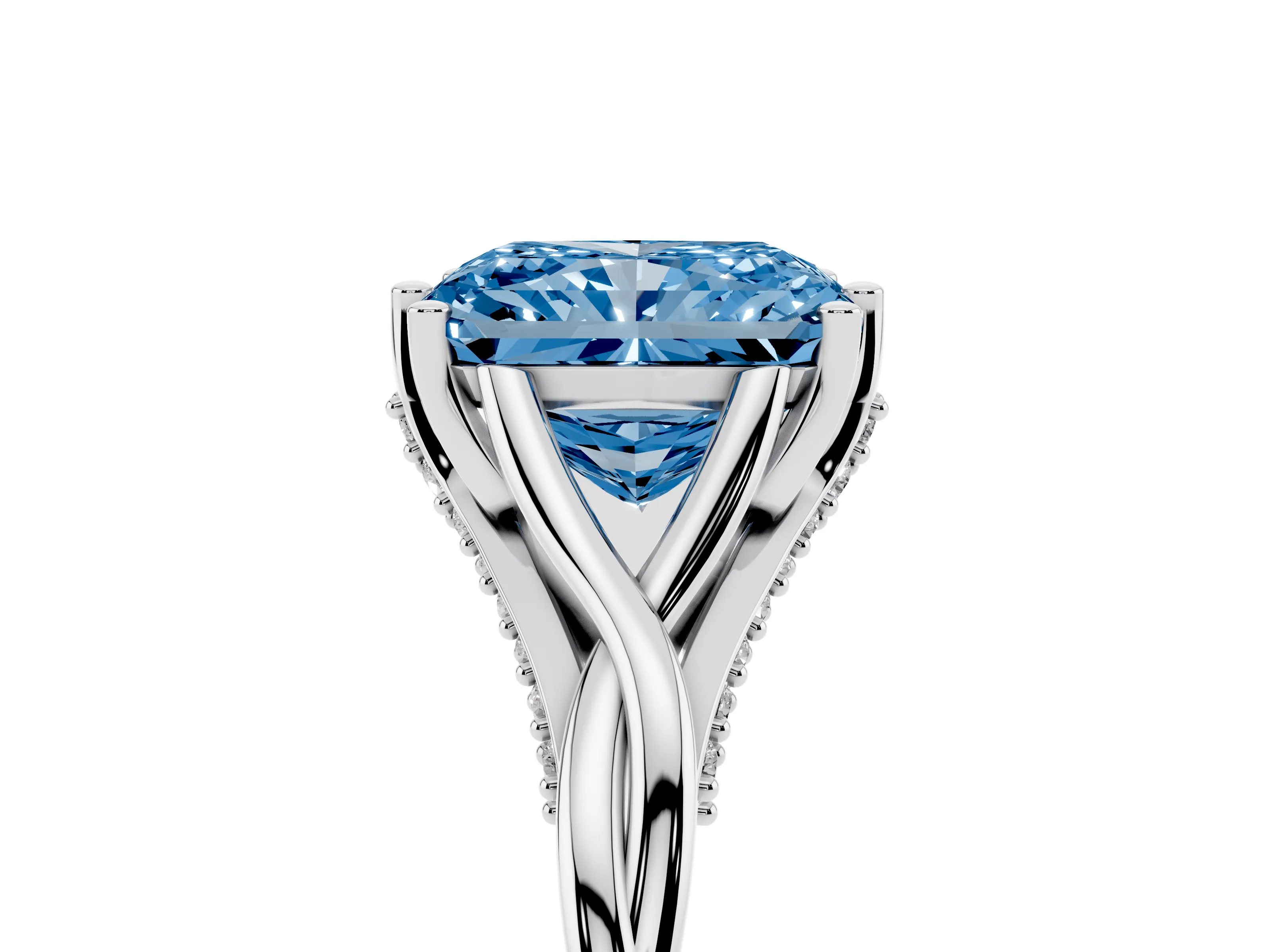 Fancy Blue Radiant Cut Diamond Intertwined Twist Band Solitaire Ring Set in White gold with Prong Setting