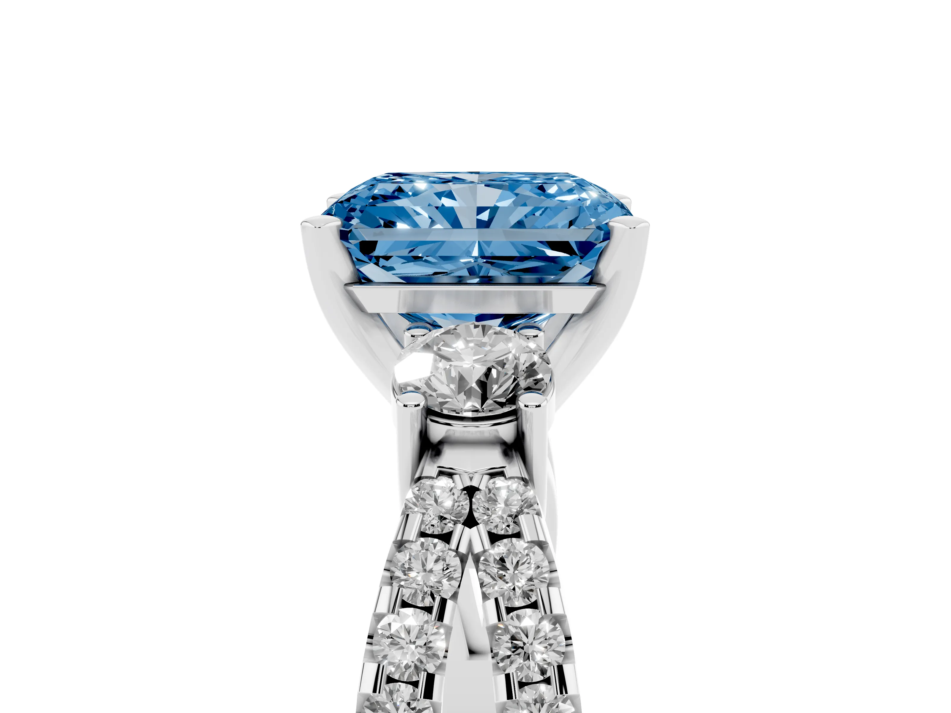 Fancy Blue Radiant Cut Diamond Three-Stone Ring Set in White gold with Pavé Split Shank and Prong Setting