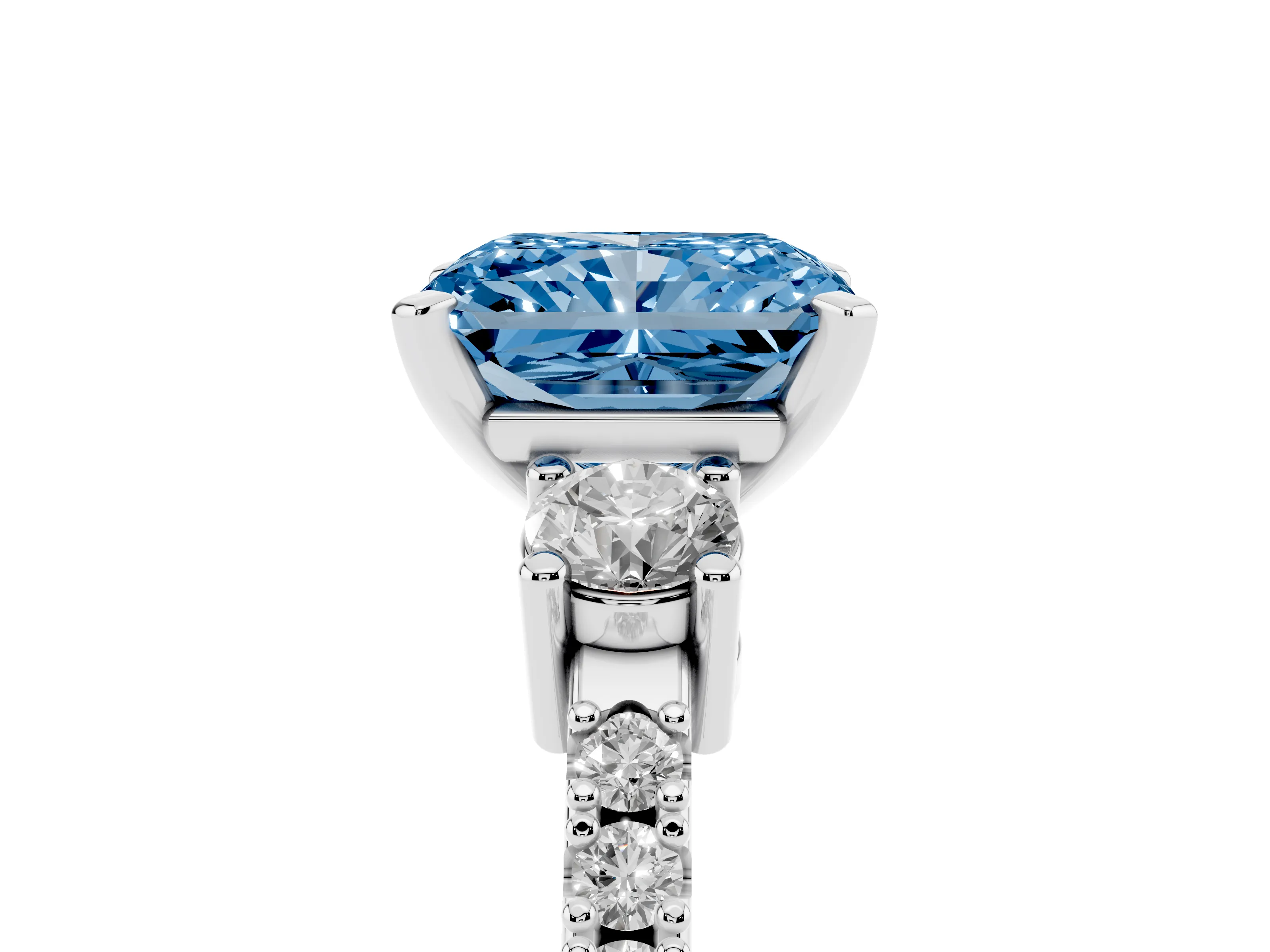 Fancy Blue Three-Stone Radiant Cut Diamond Pavé Band Ring Set in Silver with Prong Setting