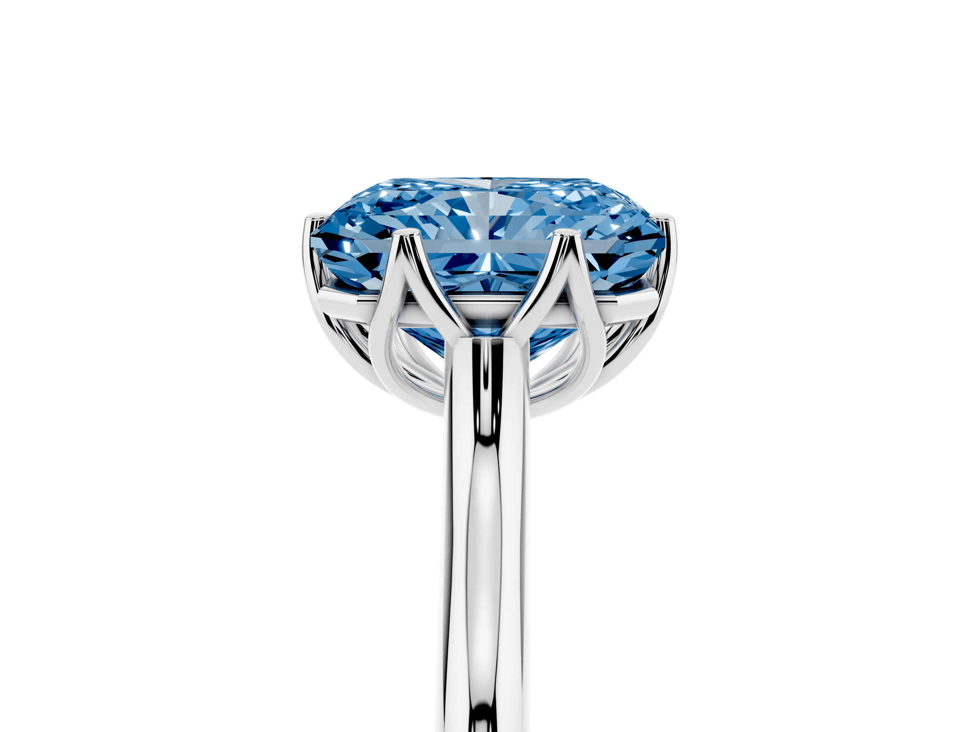 Fancy Blue Radiant Cut Diamond Solitaire Cathedral Ring Set in Silver with Prong Setting