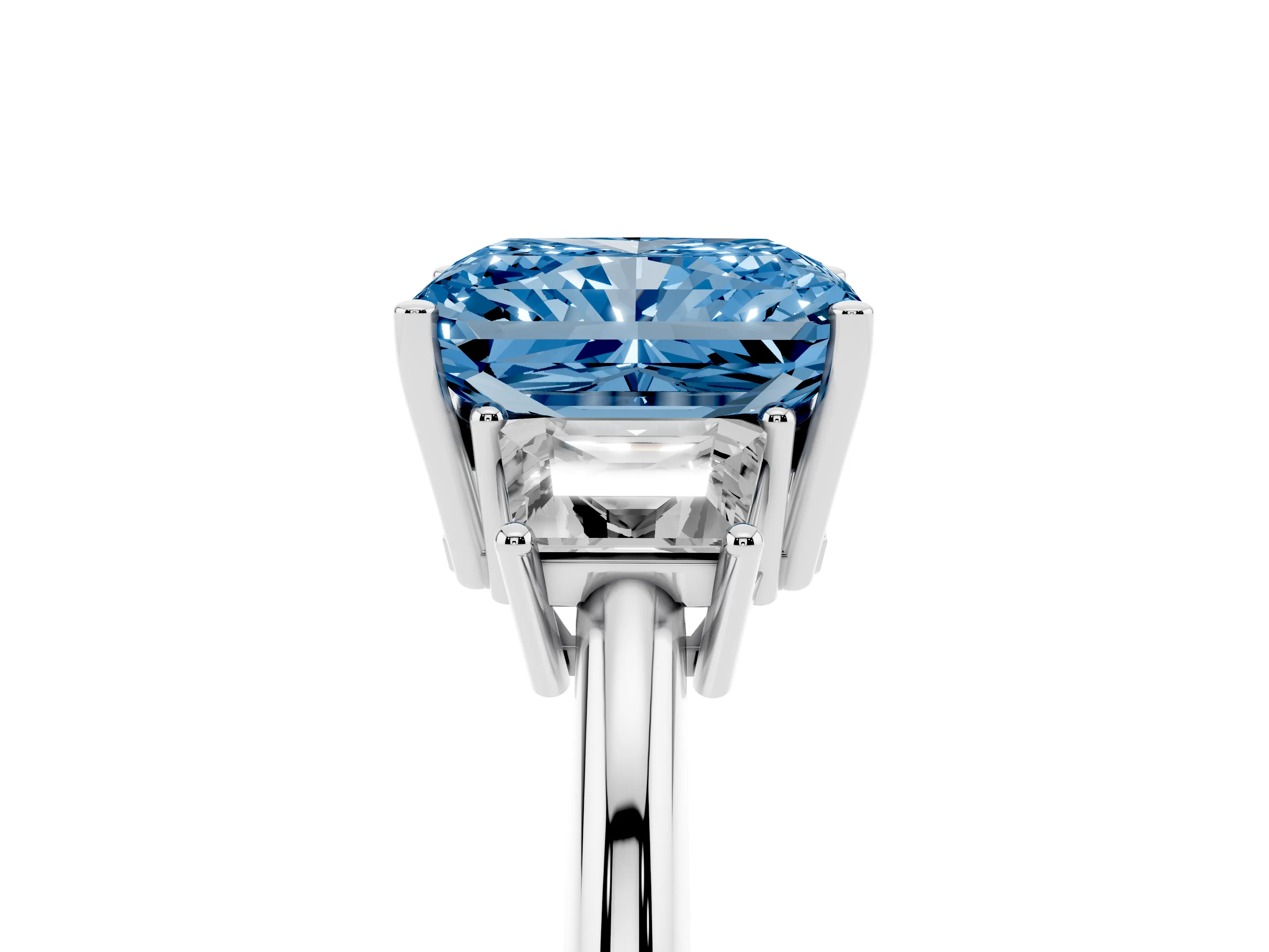 Fancy Blue Radiant Cut Diamond Three-Stone Ring Set in Silver with Trapezoid Side Stones and Prong Setting