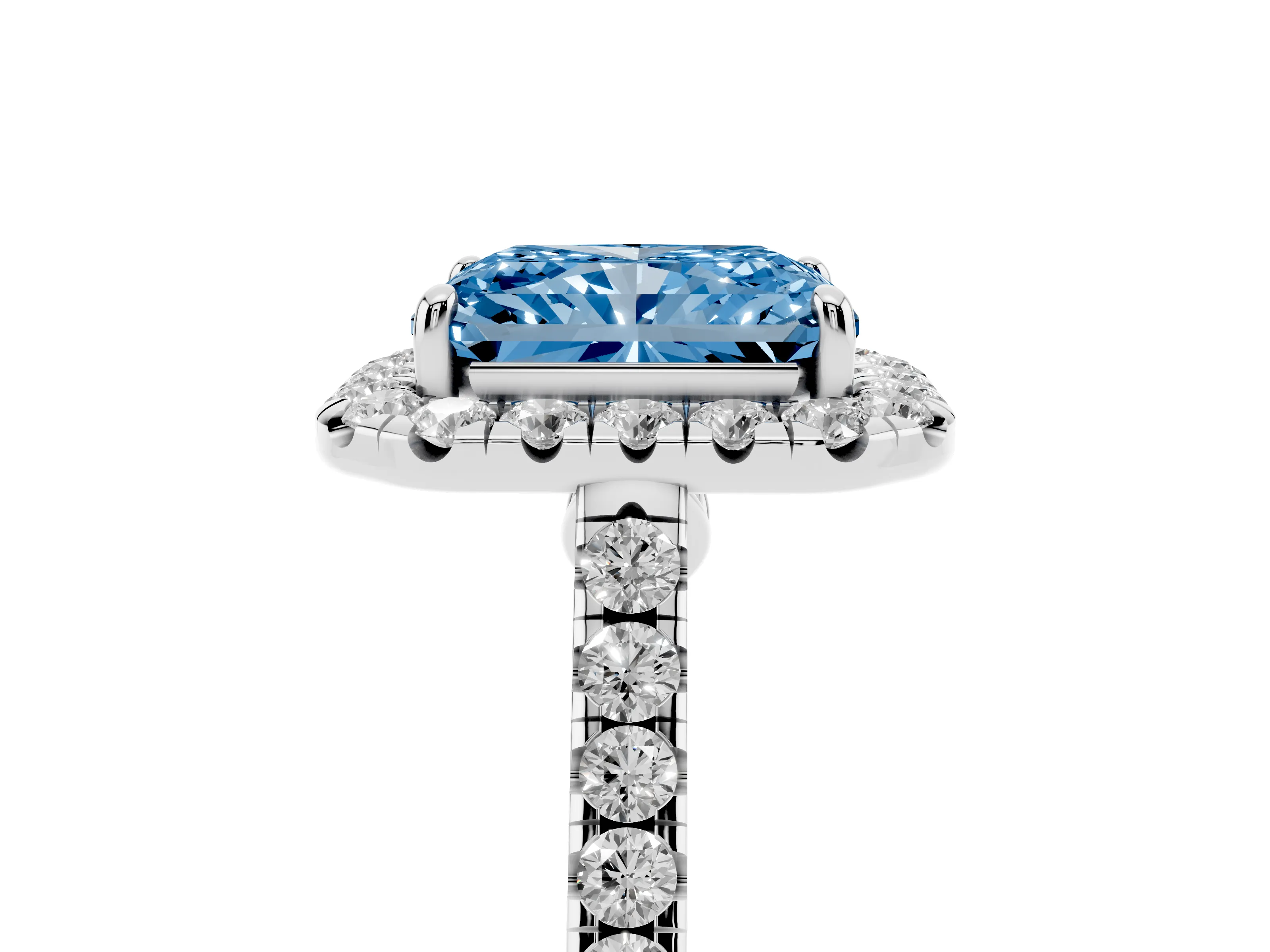Fancy Blue Radiant Cut Diamond Halo Pavé Engagement Ring Set in Platinum with Prong Setting