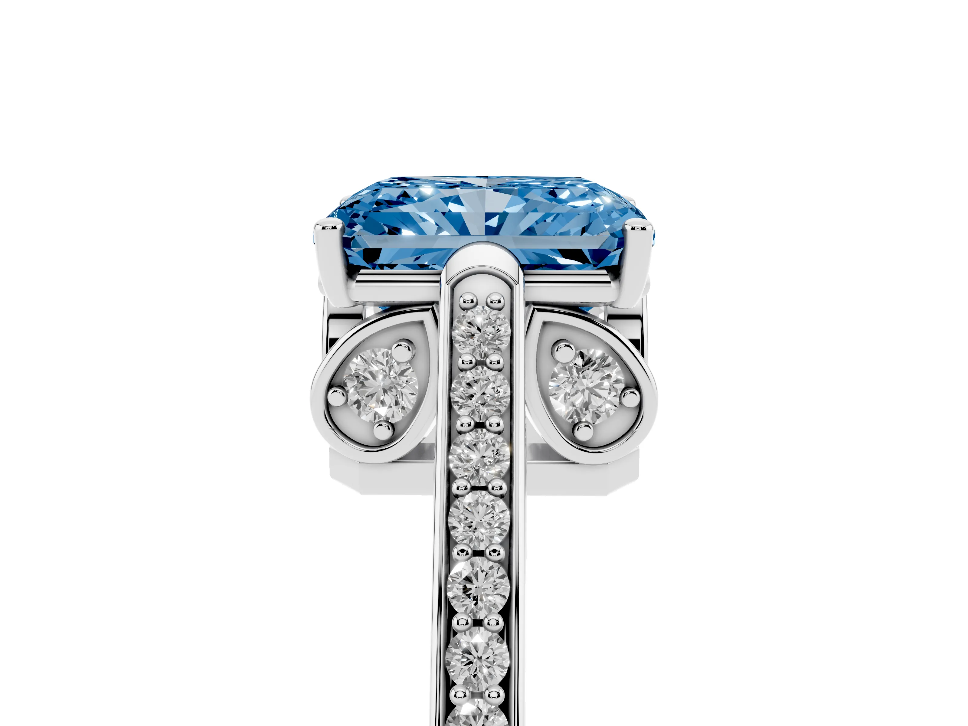 Fancy Blue Radiant Cut Diamond Cathedral Pavé Engagement Ring Set in Platinum with Prong Setting