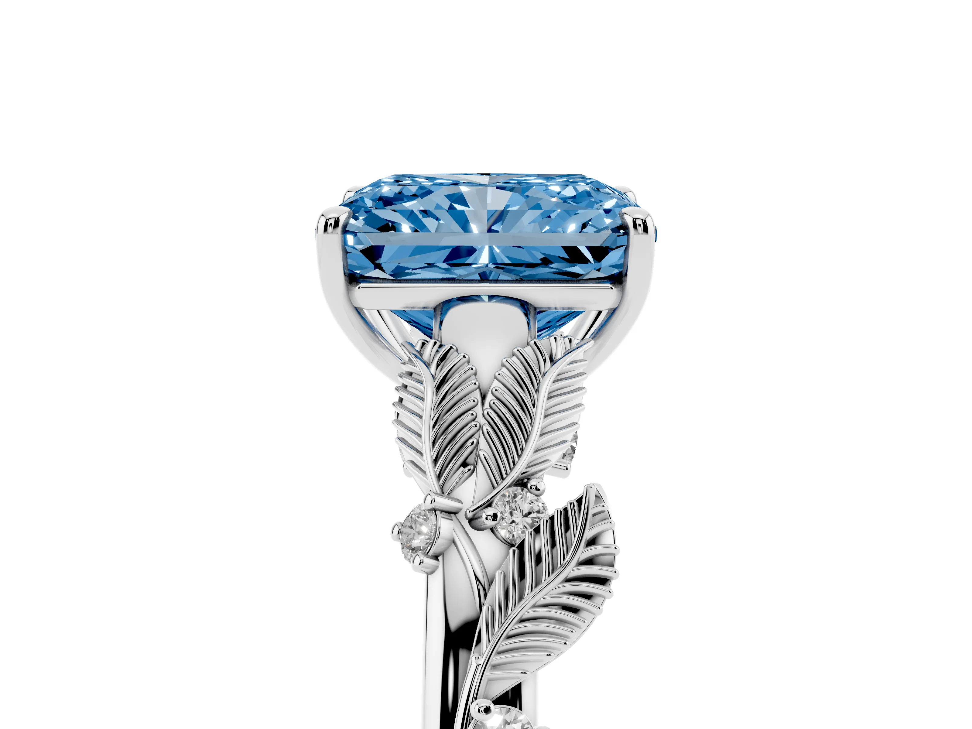 Fancy Blue Radiant Cut Diamond Solitaire Ring Set in White gold with Leaf Motif Band
