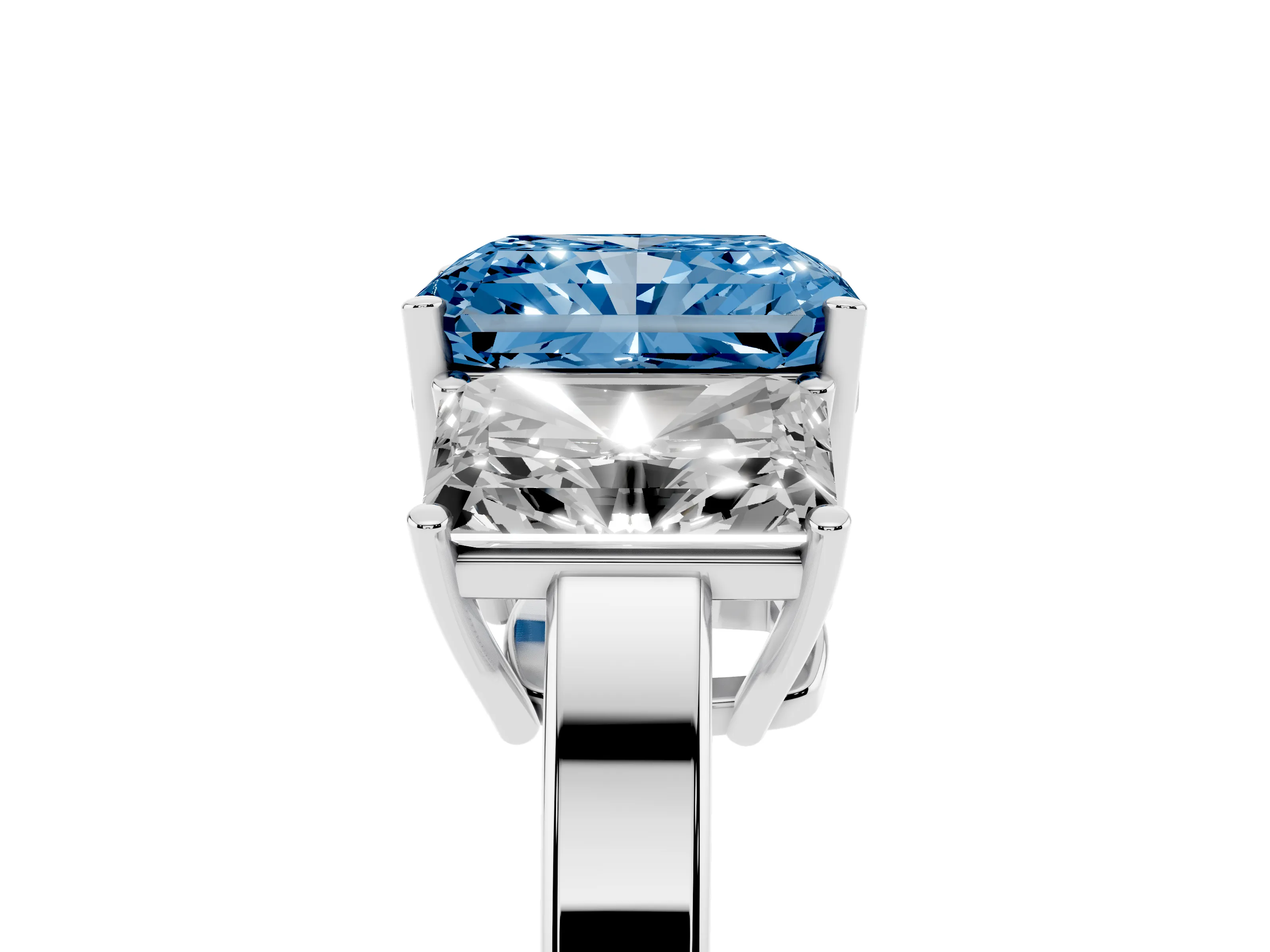 Fancy Blue Radiant Cut Diamond Three-Stone Engagement Ring Set in White gold with Flat Band