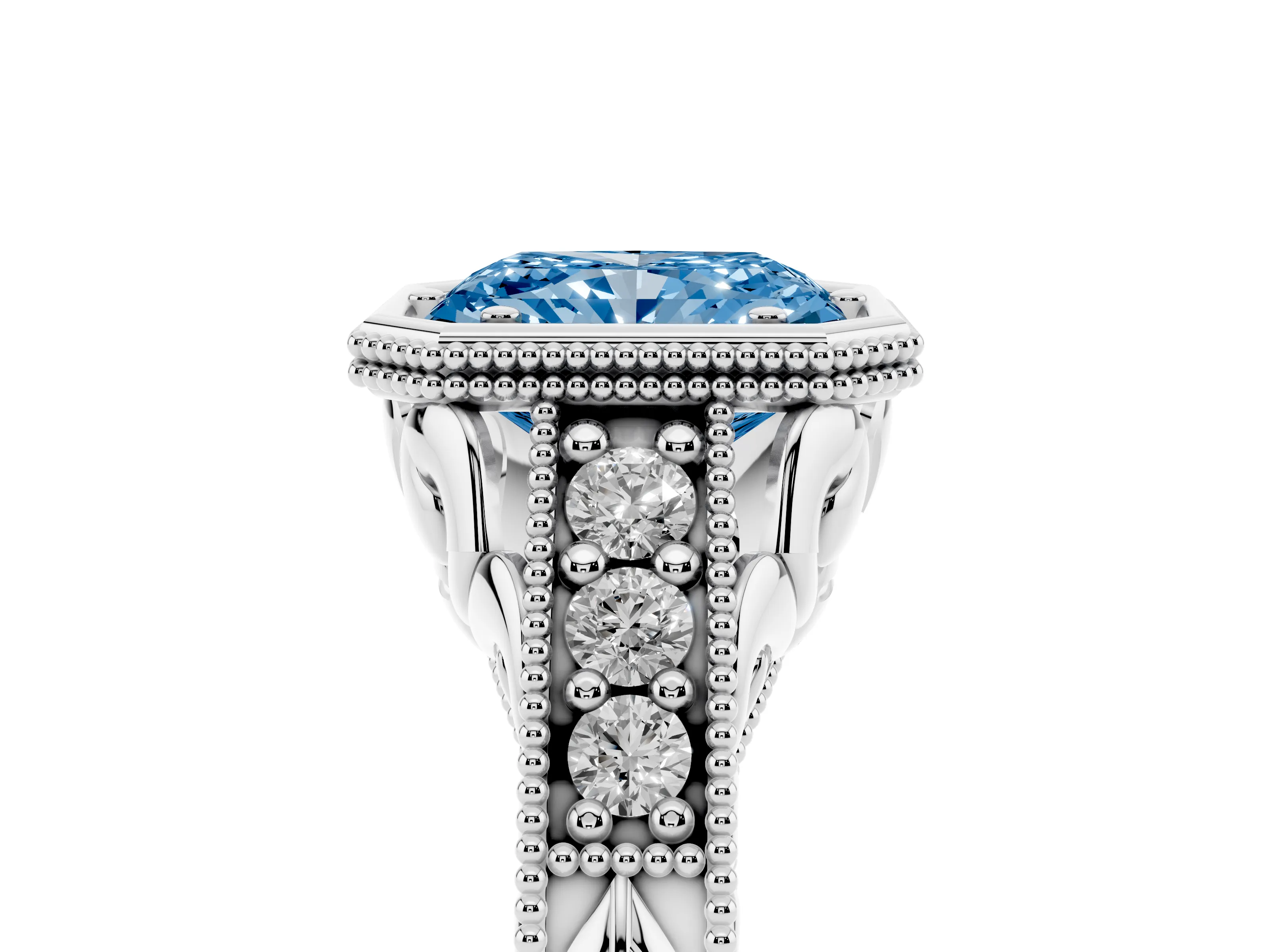 Fancy Blue Bezel Set Radiant Cut Diamond Milgrain Pavé Engagement Ring Set in Platinum