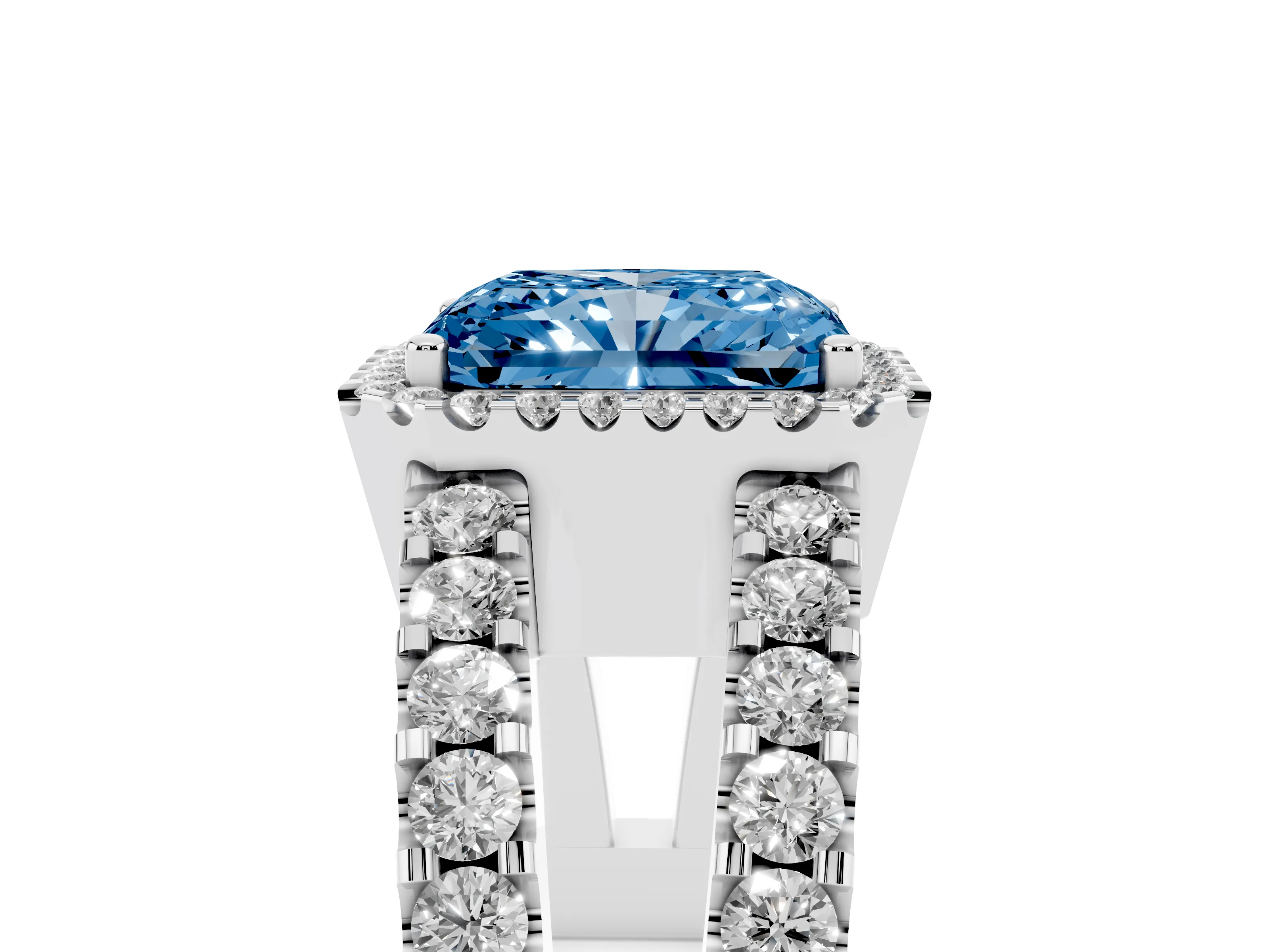 Fancy Blue Radiant Cut Diamond Halo Ring Set in Silver with Pavé Split Shank and Prong Setting