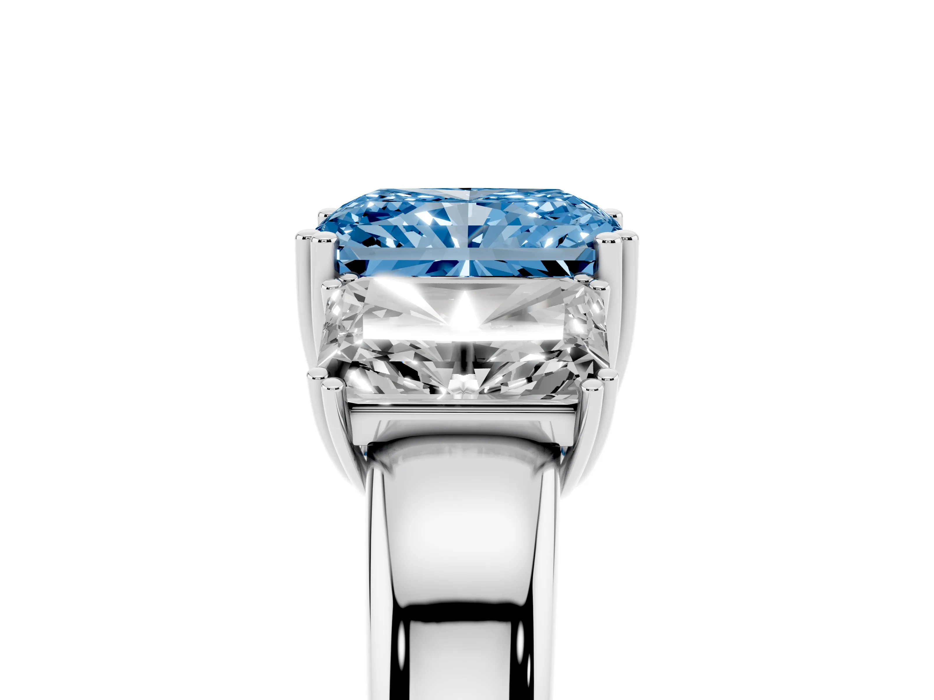 Fancy Blue Radiant Cut Diamond Three-Stone Ring Set in Platinum with Polished Channel-Set Band