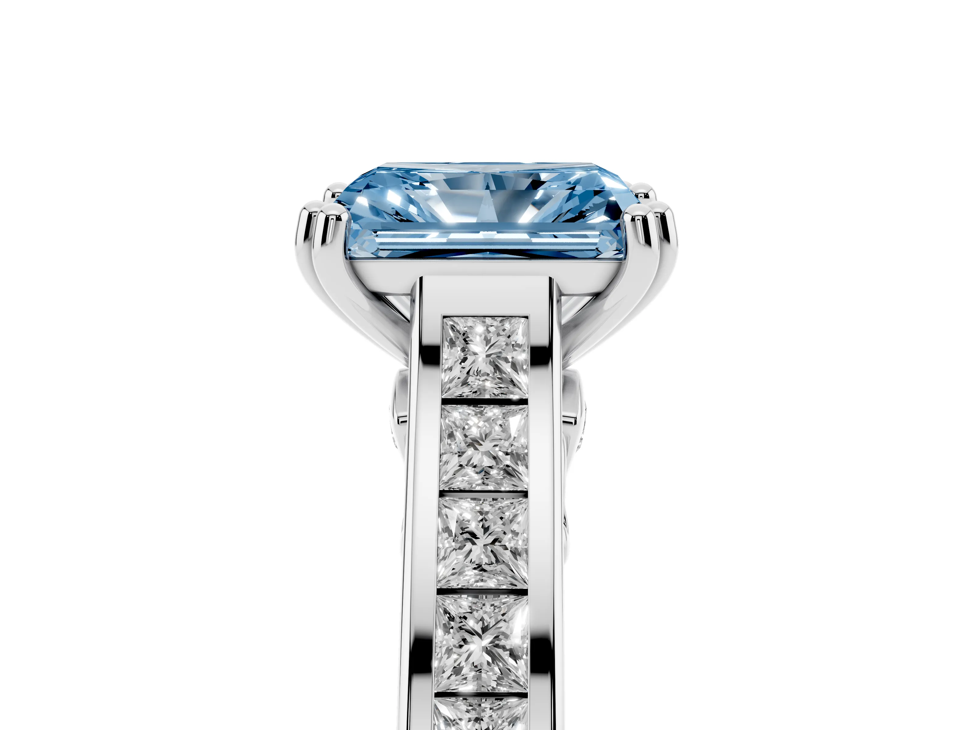 Fancy Blue Radiant Cut Diamond Channel Set Solitaire Engagement Ring Set in Silver with Prong Setting