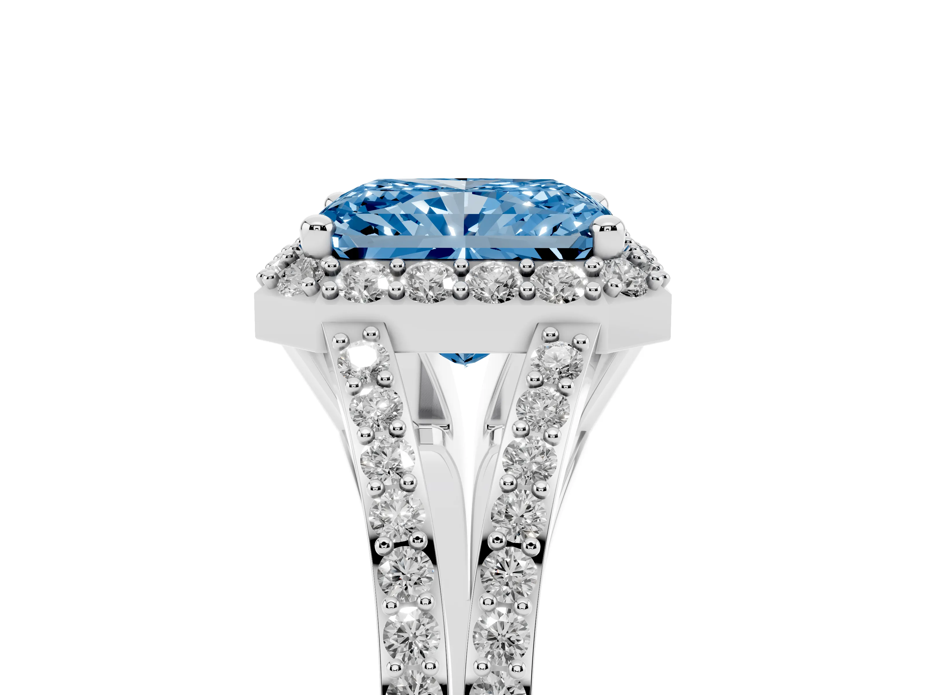 Fancy Blue Radiant Cut Diamond Halo Split Shank Pavé Ring Set in Silver with Prong Setting