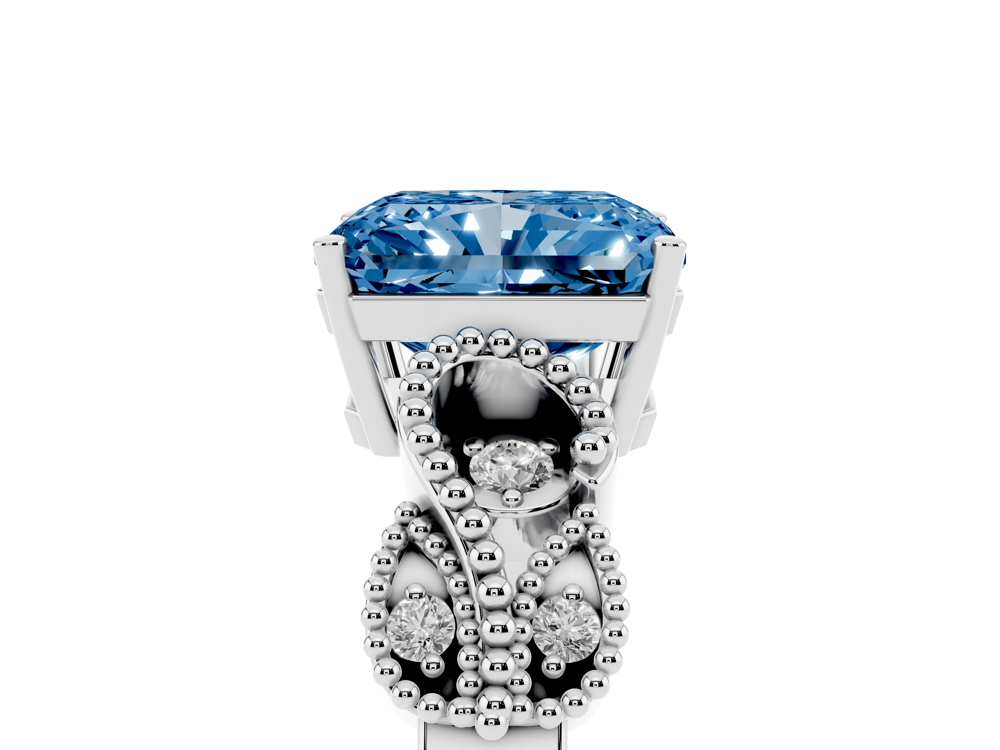 Fancy Blue Radiant Cut Diamond Milgrain Leaf Band Solitaire Ring Set in Platinum with Accent Stones and Prong Setting