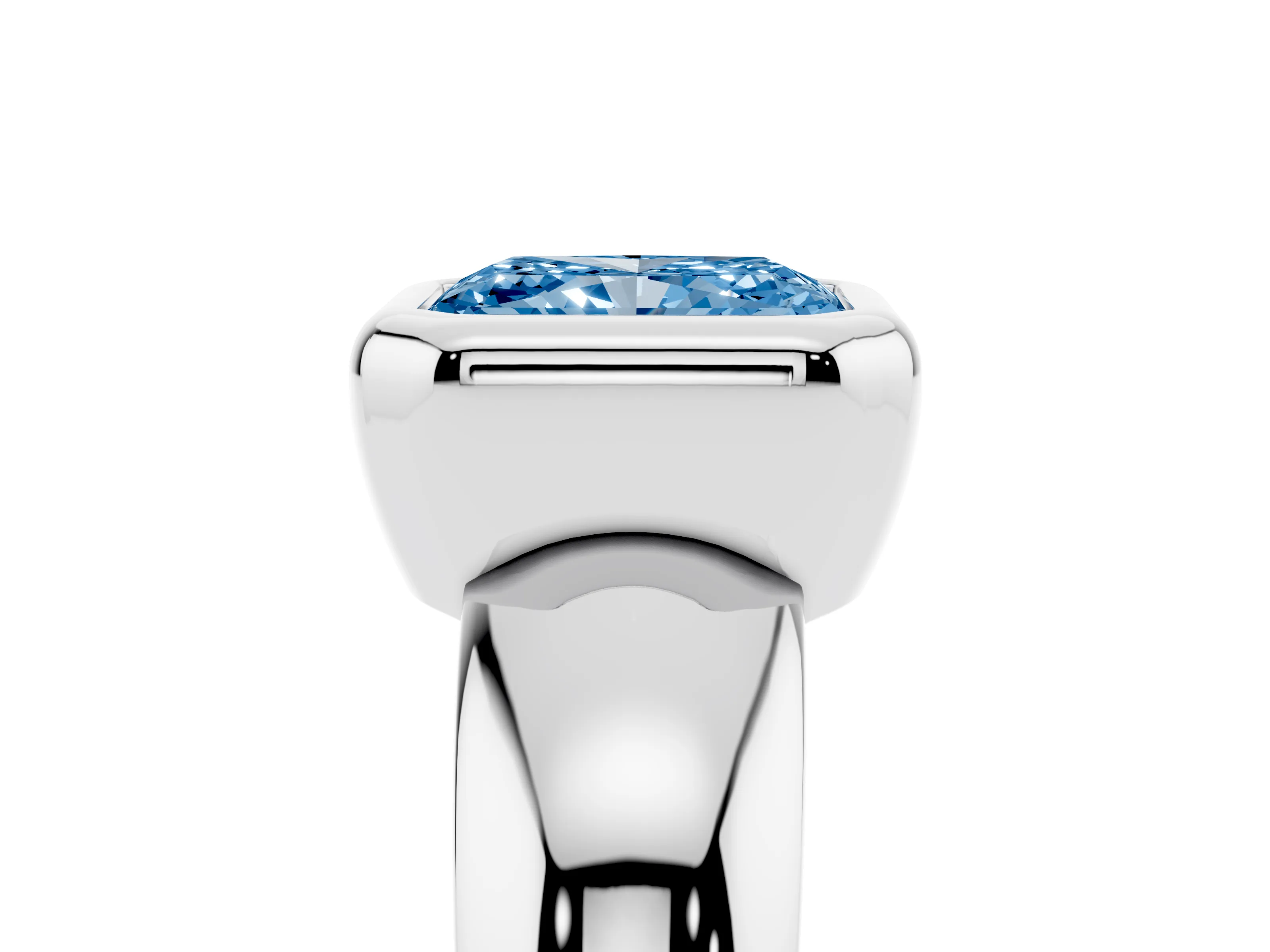 Fancy Blue Bezel Set Radiant Cut Diamond Solitaire Ring Set in Silver with Wide Band