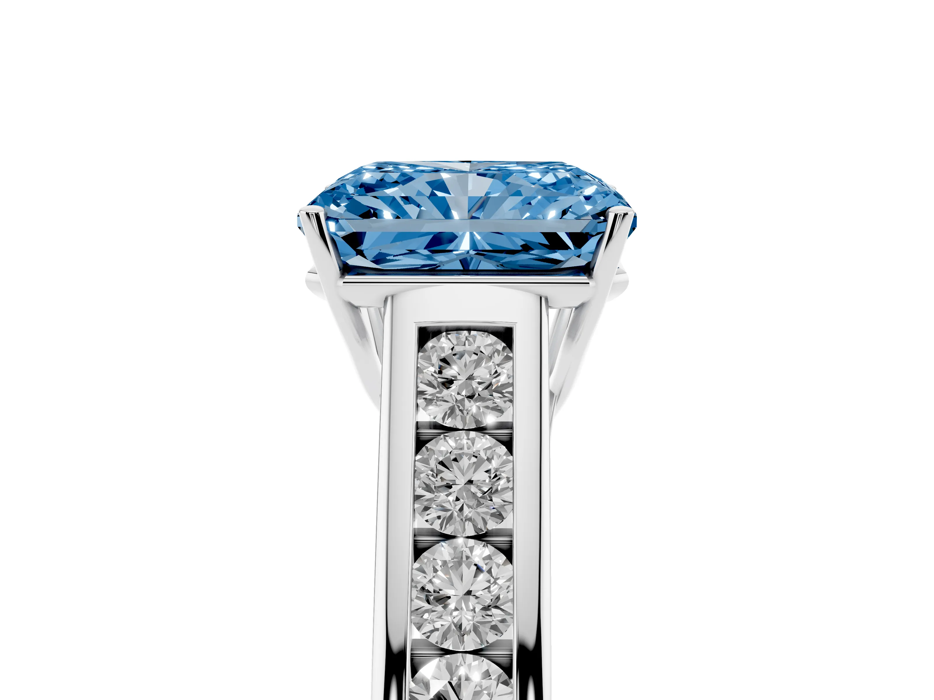 Fancy Blue Radiant Cut Diamond Brilliant Channel-Set Solitaire Ring Set in White gold with Prong Setting