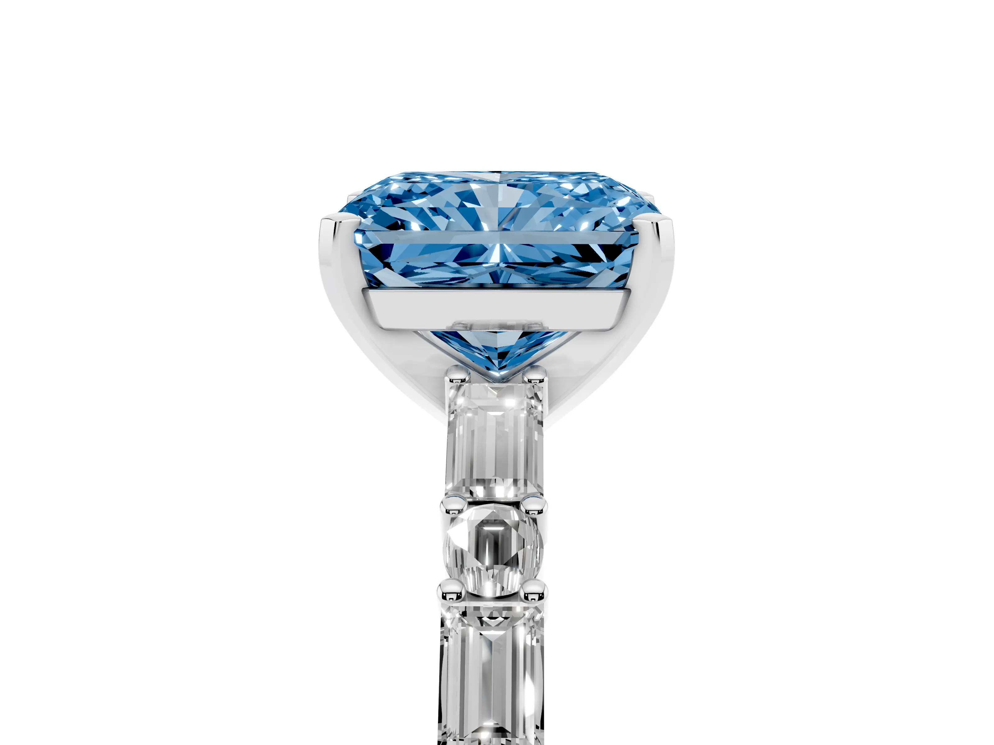 Fancy Blue Radiant Cut Diamond Solitaire Set in Platinum with Side Baguettes and Channel Set Band