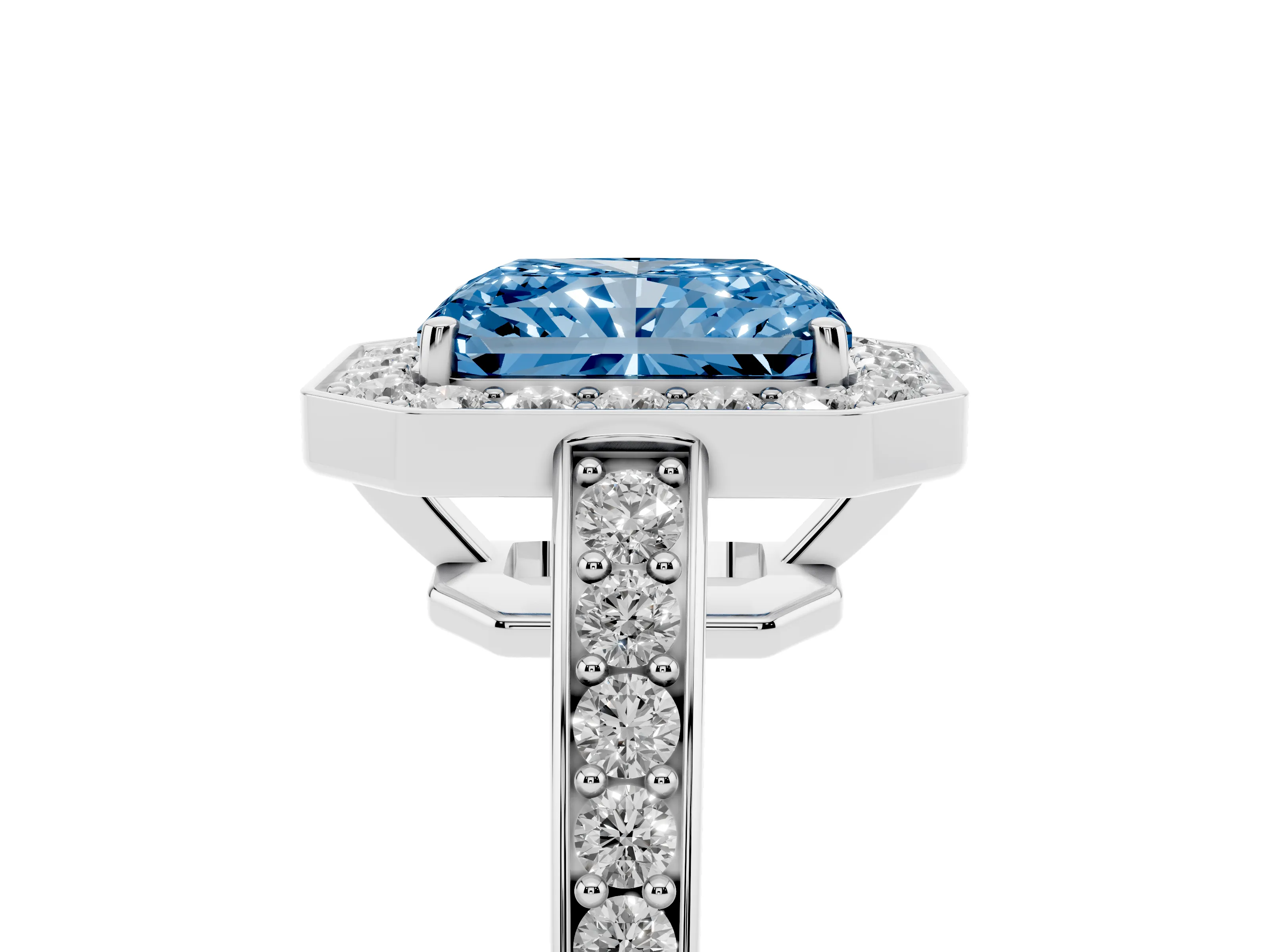 Fancy Blue Radiant Cut Diamond Halo Pavé Engagement Ring Set in White gold with Bezel Setting