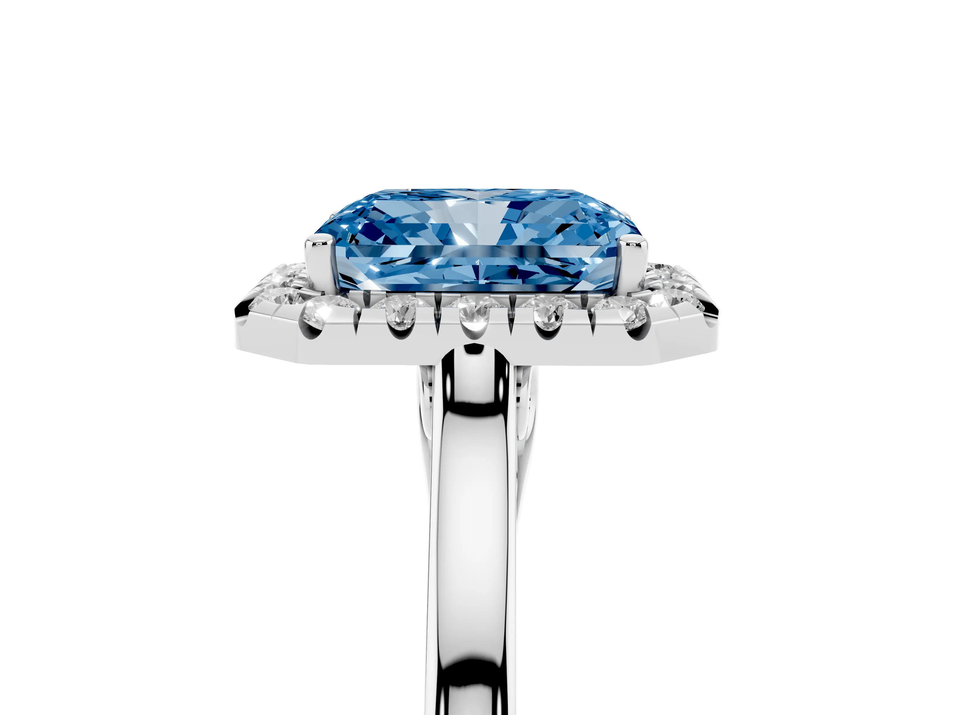 Fancy Blue Radiant Cut Halo Round Diamond Solitaire Ring Set in Silver with Pavé Band and Prong Setting