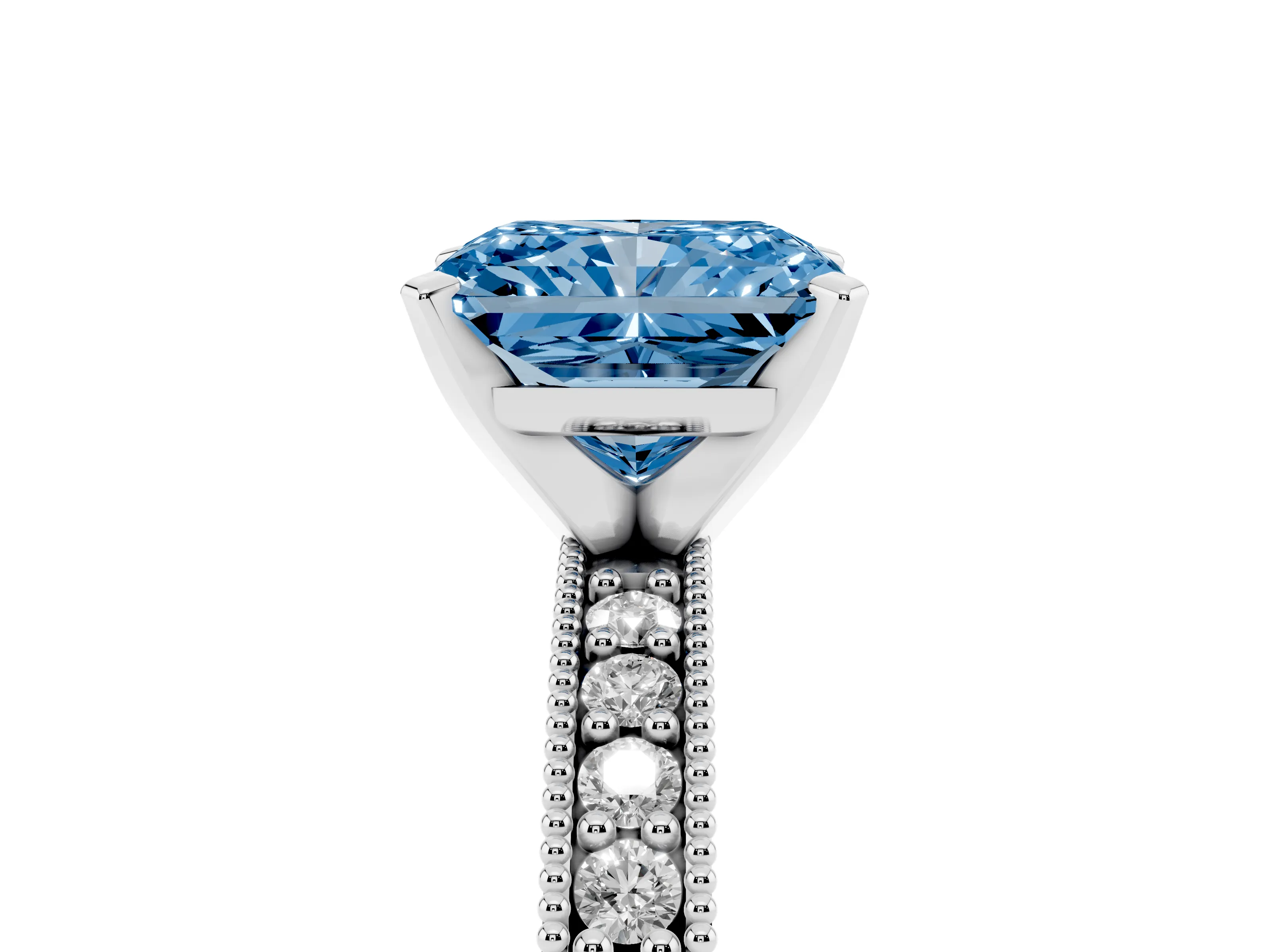 Fancy Blue Radiant Cut Diamond Milgrain Pavé Engagement Ring Set in White gold with Prong Setting