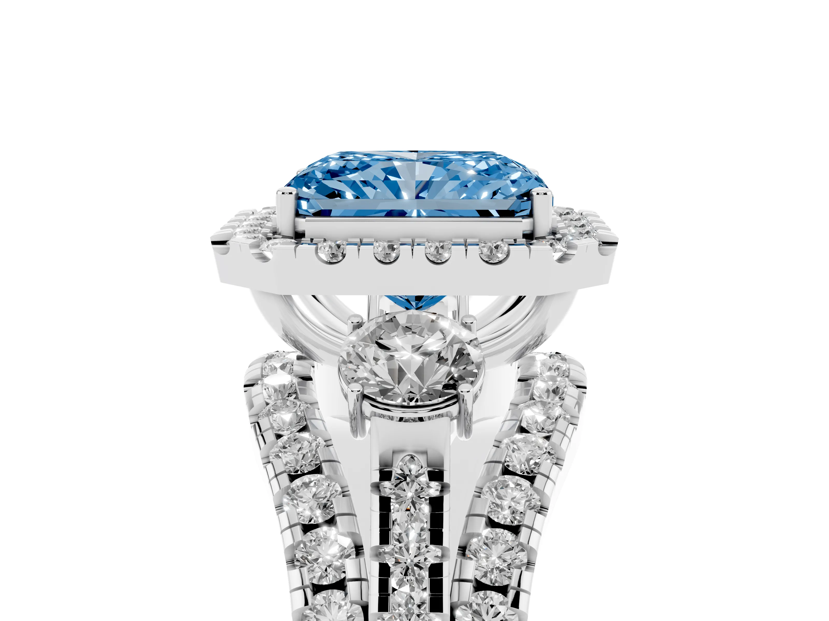 Fancy Blue Radiant Cut Diamond Halo Split Shank Ring Set in Platinum with Round Accent Stones and Prong Setting
