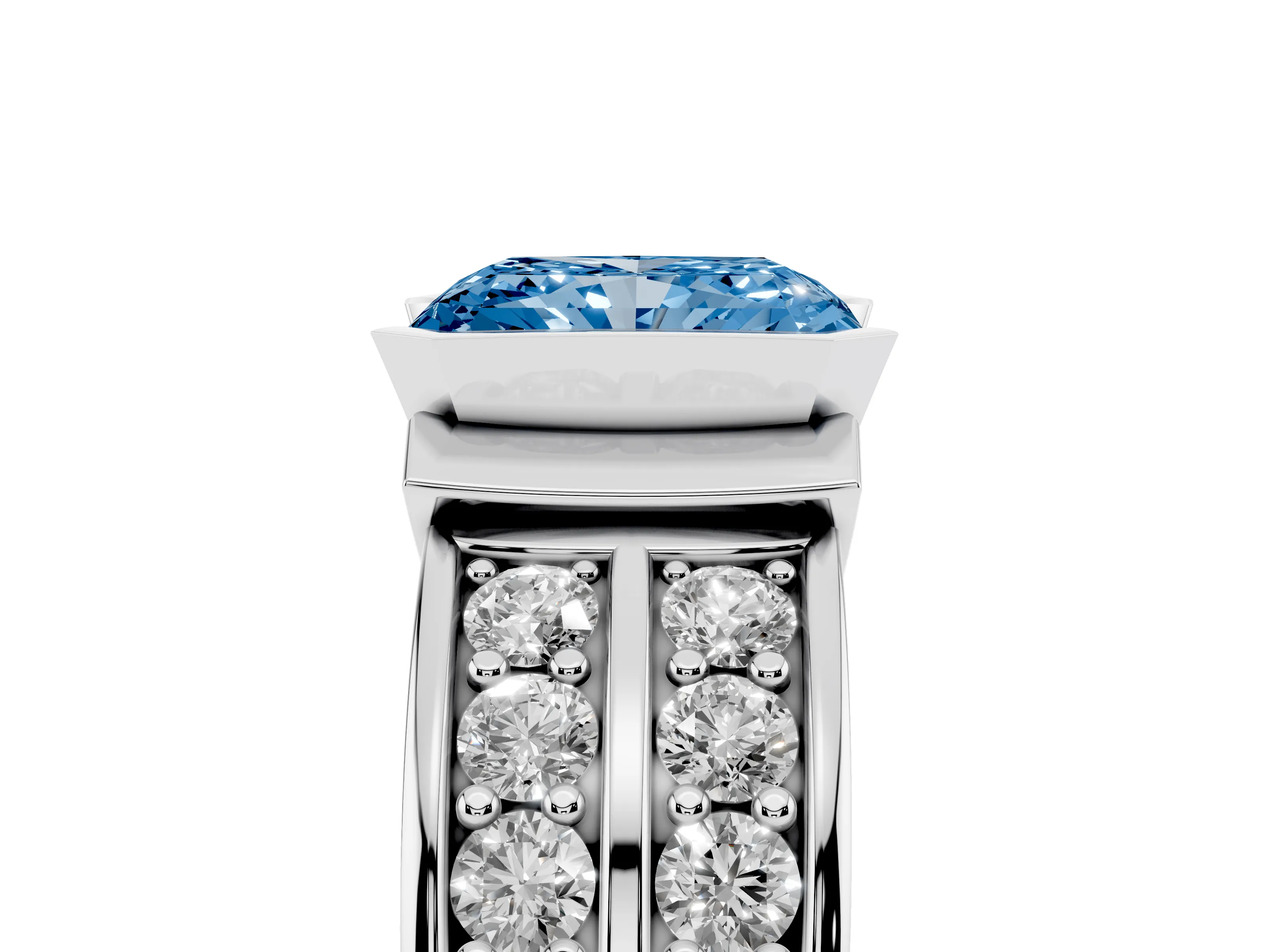 Fancy Blue Radiant Cut Diamond Wide Channel Set Band Ring Set in White gold with Bezel Setting